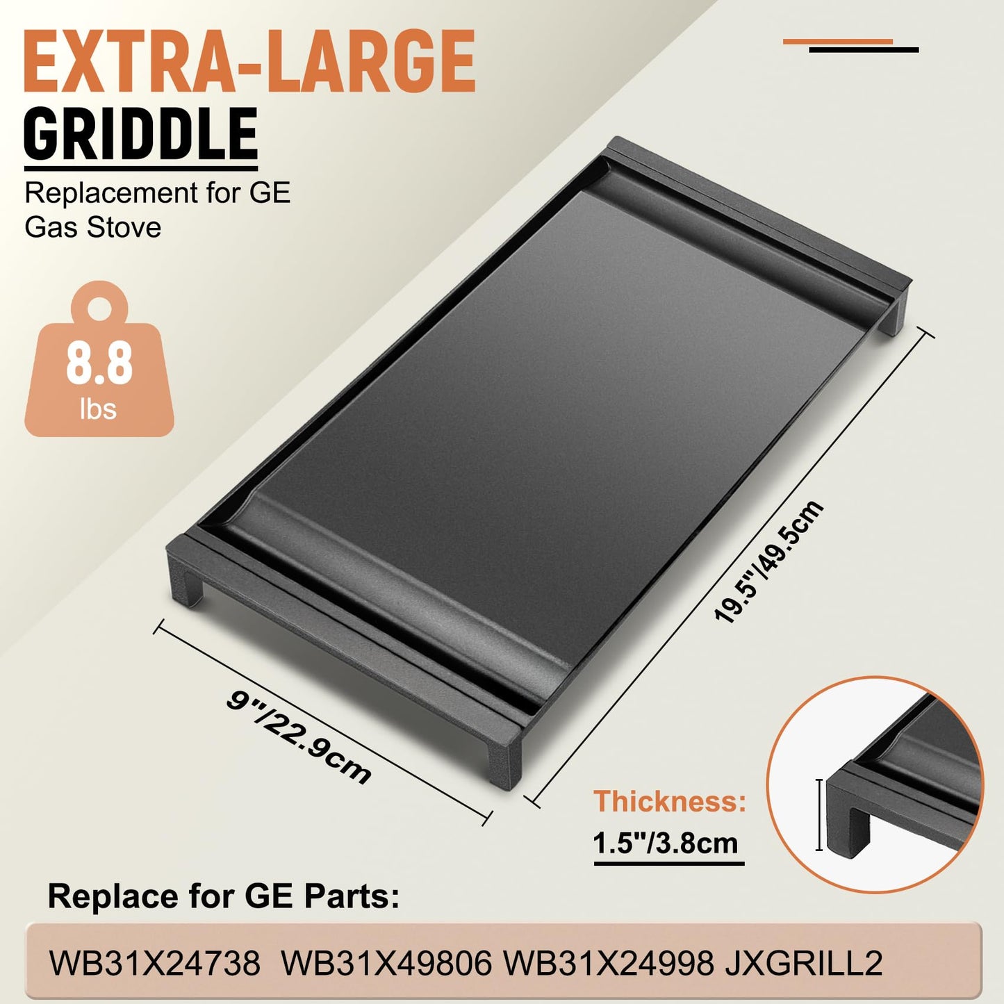 Upgraded WB31X24738 Non-stick Griddle Replacement for GE Appliance Stove Cooktop, Nitriding Process, 19.5"×9" Extra-Large Integrated Aluminum Griddle Plate for GE Gas Stove Top Center