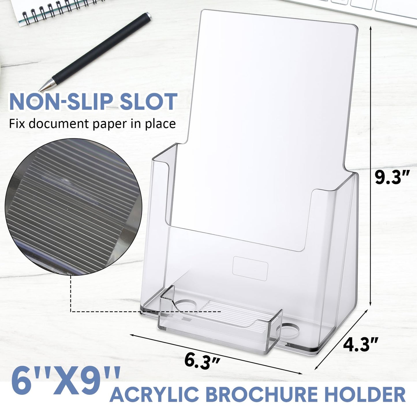 Memorywuu 8 Pack 6x9 Acrylic Brochure Holder with Business Card Organizer, Clear Brochure Display Stand, Plastic Flyer Display Stand Holder for Business Card, Pamphlet, Booklets, Magazine, Journals