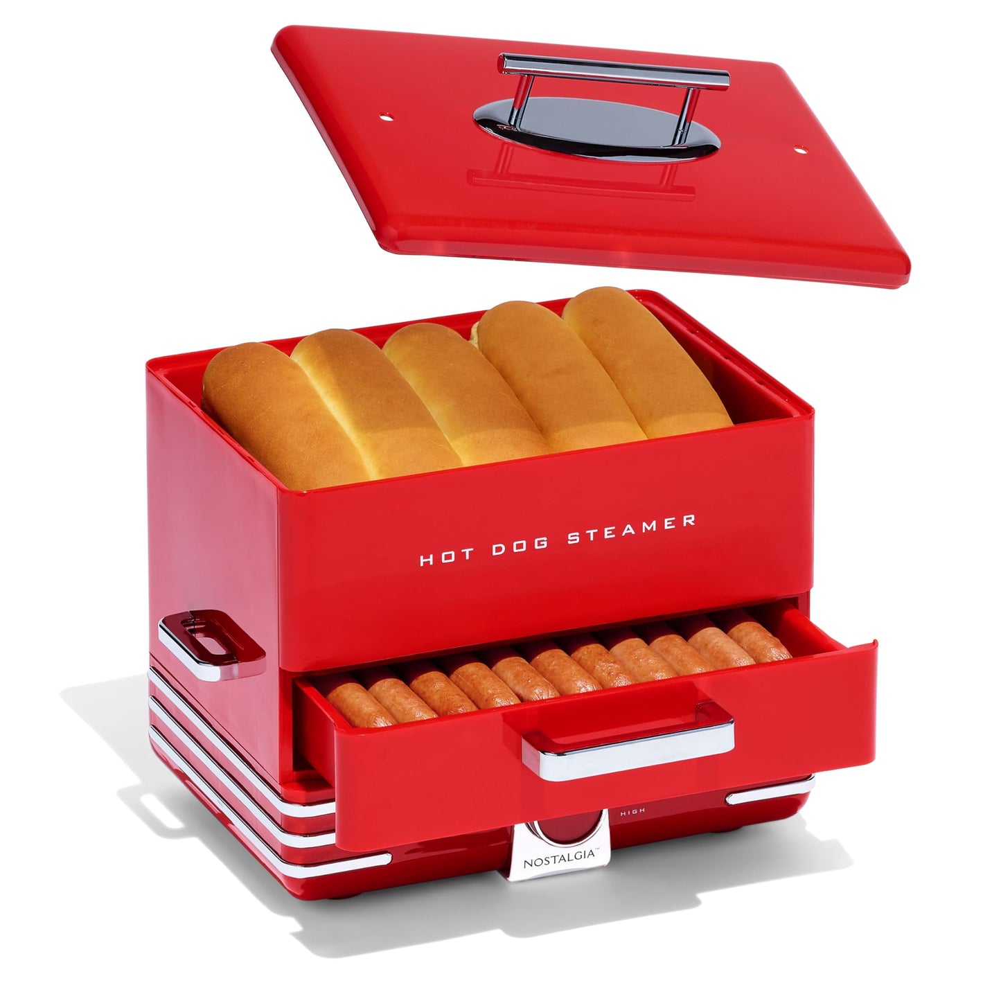 Nostalgia Extra Large Diner-Style Steamer Cooks 20 Hot Dogs & 6 Buns- Hot Dog Steamer for Breakfast Sausages, Brats, Vegetables & Fish- Bun Warmer Steamer Perfect for Game Days or Parties- Red