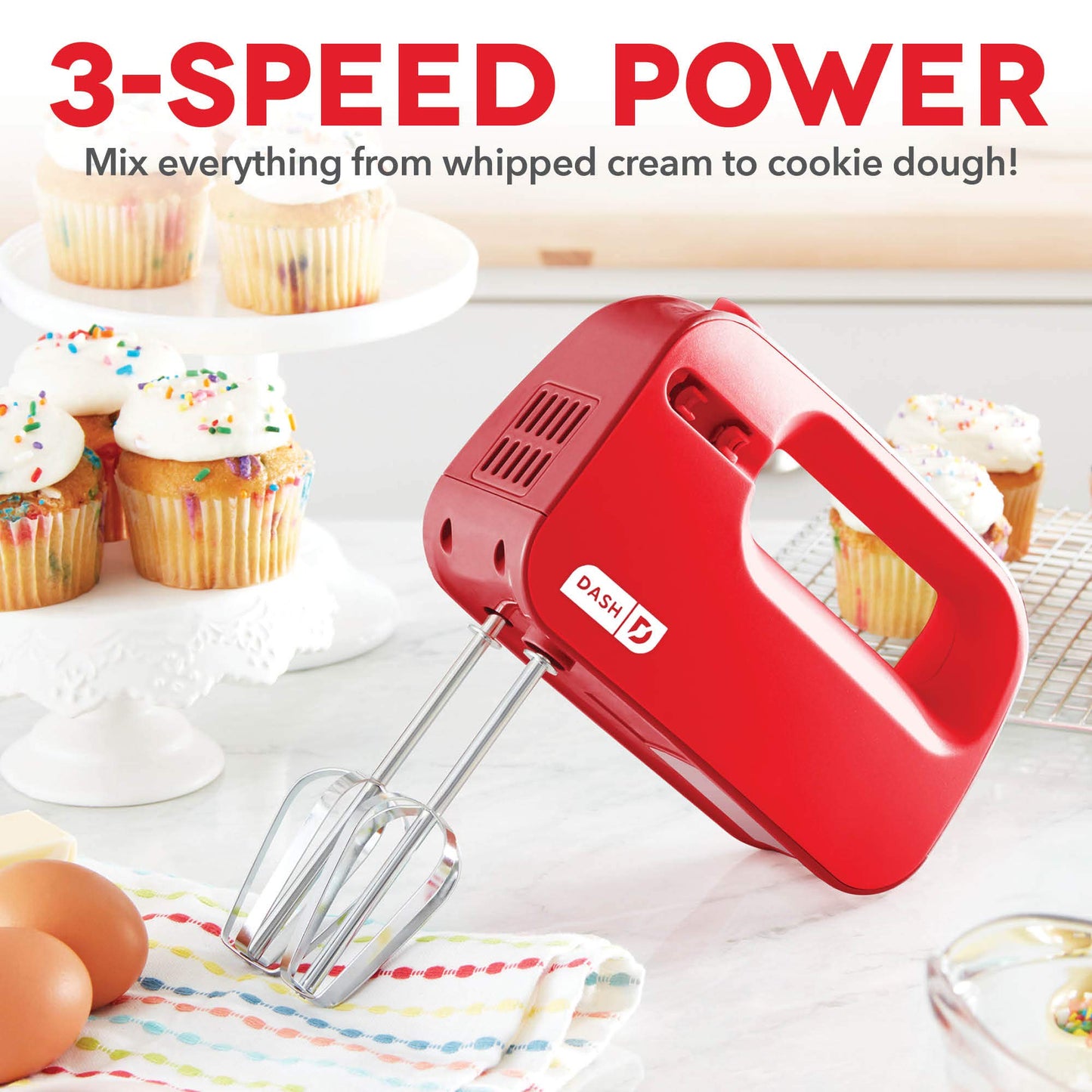 Dash SmartStore Hand Mixer - Electric Handheld Mixer For Everyday Baking - 3-Speed Power and One-Touch Beater Ejector Button - Red, Includes Whisk and Milkshake Attachments
