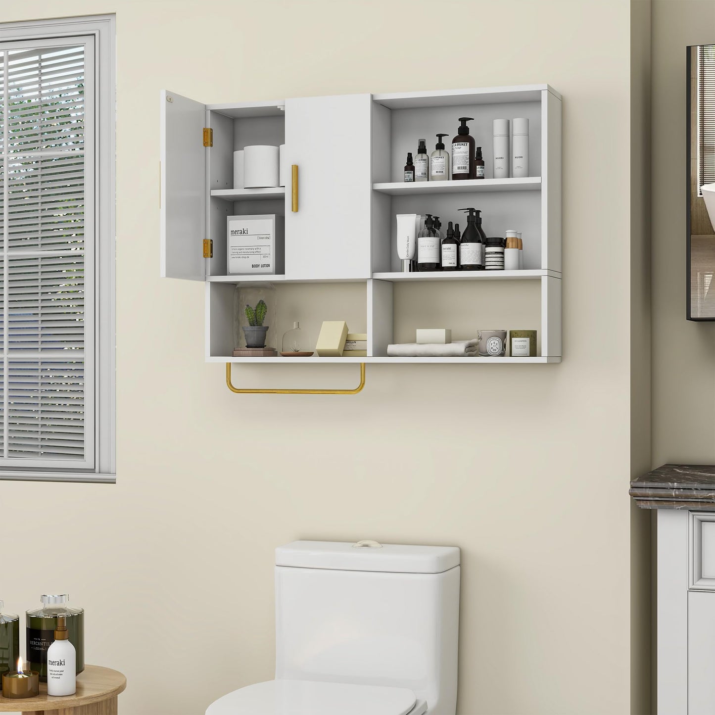 Tltaroni Bathroom Wall Cabinet Wood Large Wall Mounted Medicine Cabinet with 2 Doors and 4 Open Shelves Over Toilet Storage Cabinet Organizer with Towel Bar,White