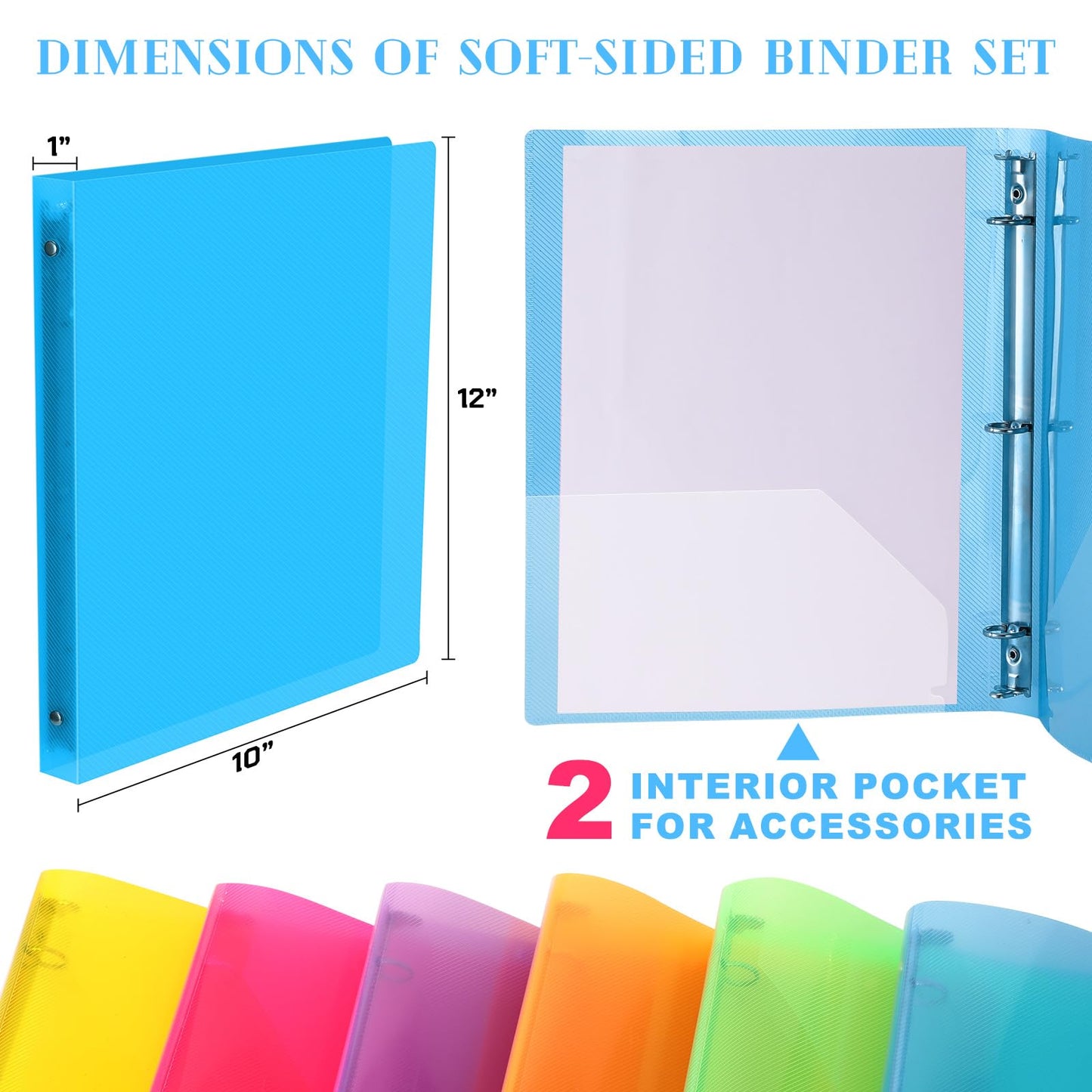 Fulmoon 12 Pcs 1 Inch 3 Ring Binders with 2 Interior Pockets Fits Letter Size Paper 8.5'' x 11'', Clear View 1-inch Three Ring Binders or School Office Home Supplies(Multicoloured)