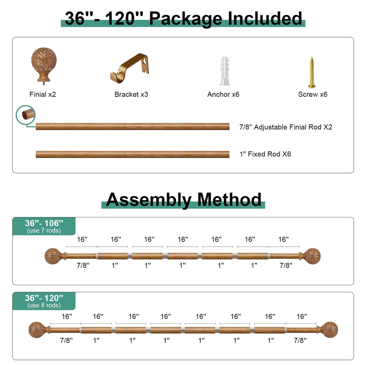 QDWIS Boho Wood Curtain Rods for Windows 66 to 120 inch,1" Adjustable Heavy Duty Window Curtain Rod with Imitation Wood Grain Finials,Rustic Decorative Drapery Rods Set,Size:36-120'',Natural Wood