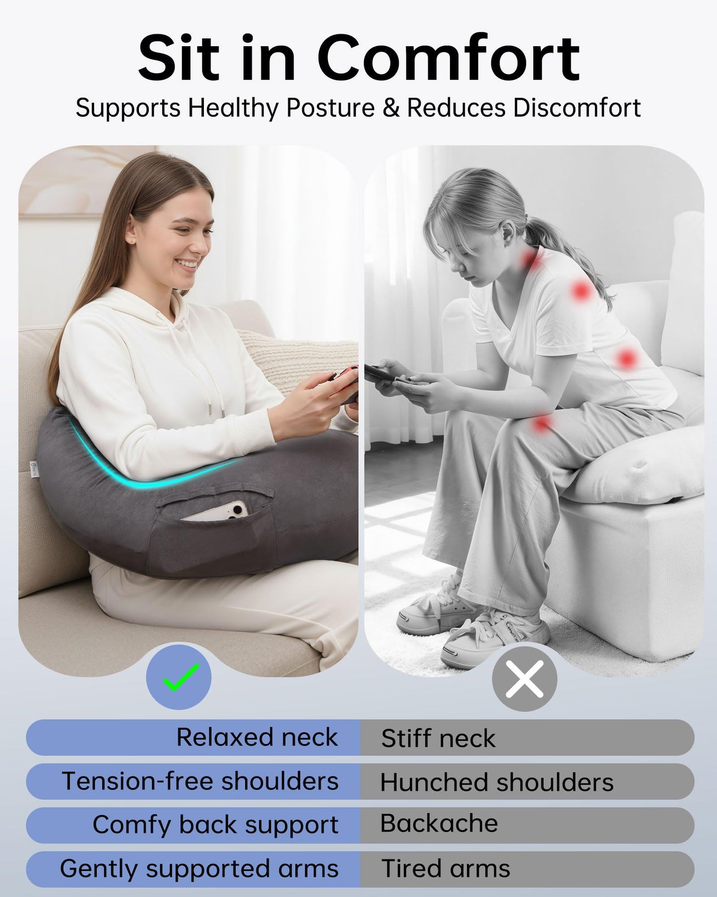 ENITYA Extra Large Ergonomic Gaming & Reading Pillow with Arm & Elbow Support,U-Shaped Lap Pillow for Crocheting,Knitting,Nursing,Working,or Sitting in Bed or Sofa,Washable Suede Cover (Grey)