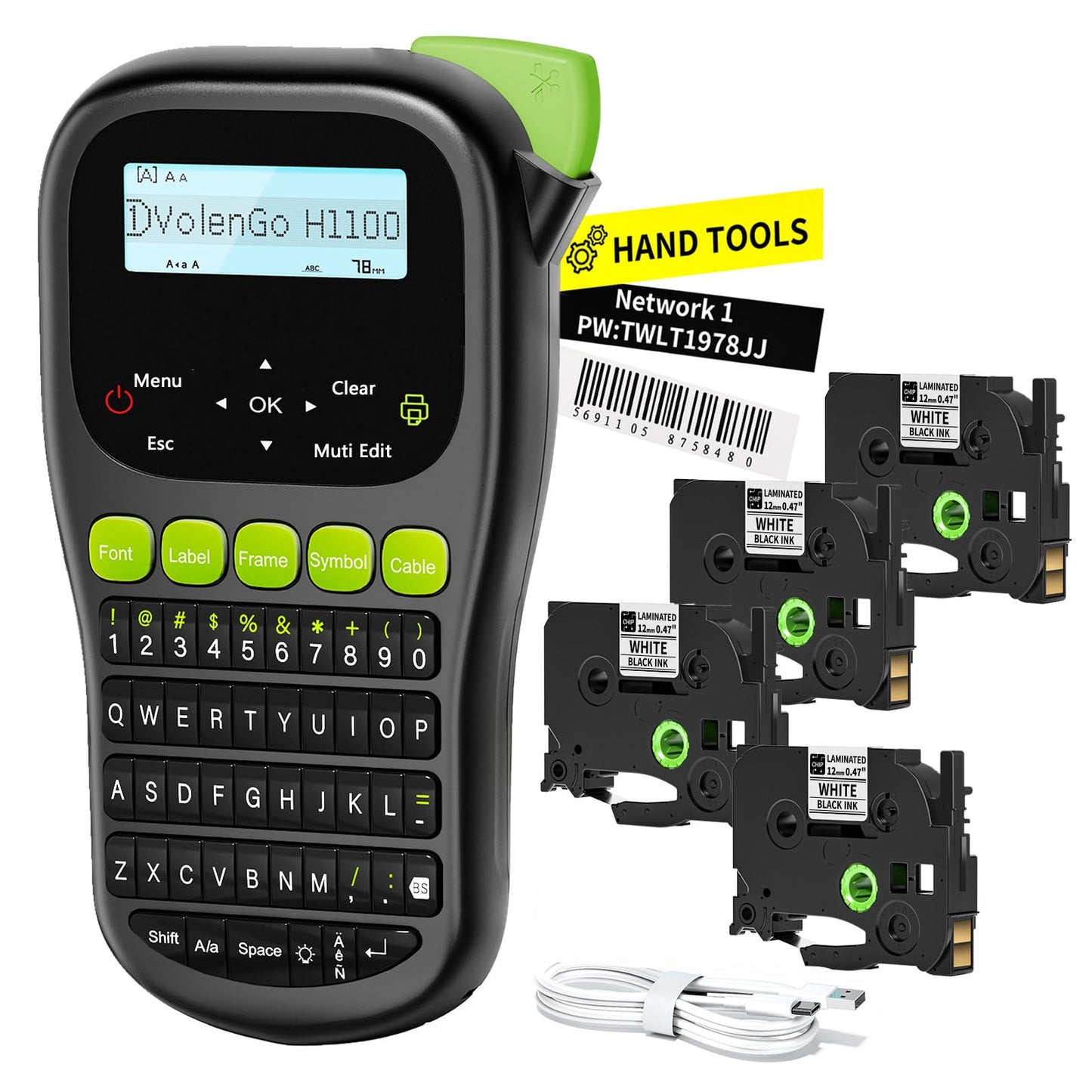 VolenGo Label Maker Machine with 4 Tapes, Wire Label Maker Waterproof-Labels, Laminated Handheld Label Printer, Backlit & Portable & 3 Cable Modes, H1100 Labeler for Industrial Office Organization