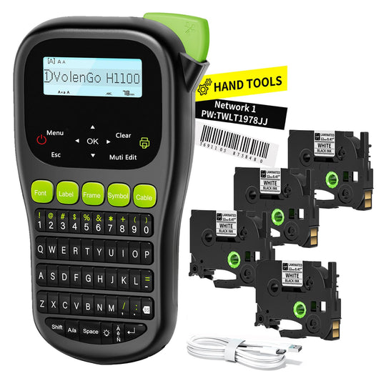 VolenGo Label Maker Machine with 4 Tapes, Wire Label Maker Waterproof-Labels, Laminated Handheld Label Printer, Backlit & Portable & 3 Cable Modes, H1100 Labeler for Industrial Office Organization