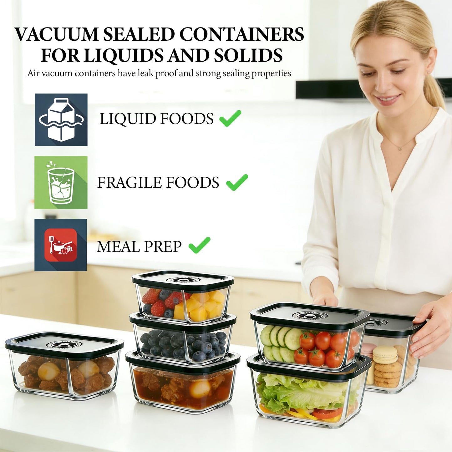 Seadasyoon Glass Vacuum Containers for Food Fresh & Save Storage, Made For Compact Vacuum Sealer, 3pcs Mixed Set Small, Medium, Large With Handheld Vacuum Sealer Machine