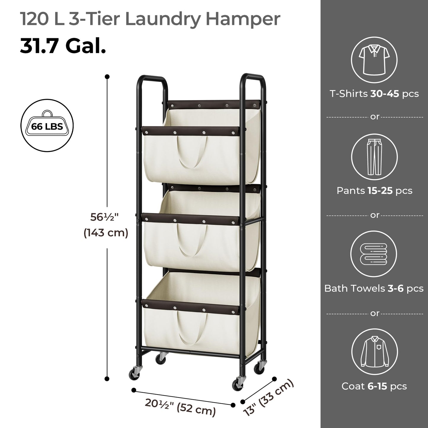GRANNY SAYS 3 Tier Laundry Sorter, Laundry Basket with Wheels, Laundry Room Organization and Storage, 3 Section Rolling Laundry Cart for Dorm, Bathroom, Bedroom, Closet, Beige