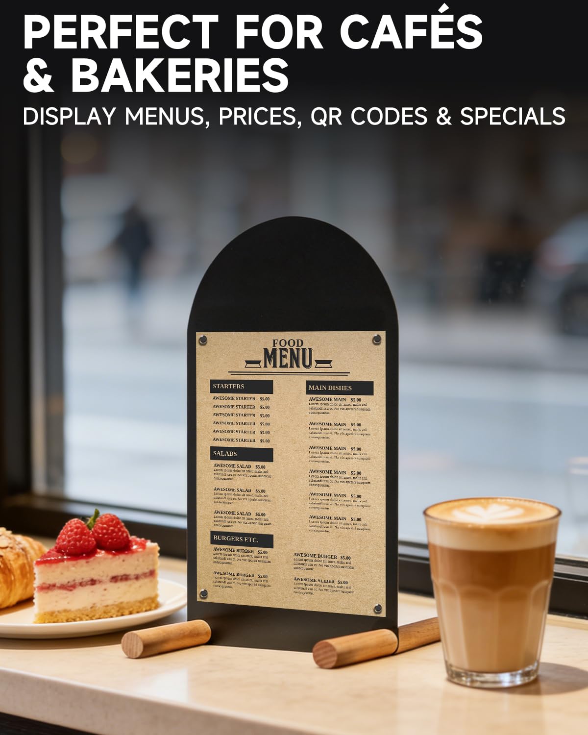 Metal Tabletop Menu Stand with Magnetic Holders and Chalk Writable Surface, Reusable Cafe Display Board with Wooden Base for Restaurant Bakery Retail Counter Menu, Daily Specials and Price Signs