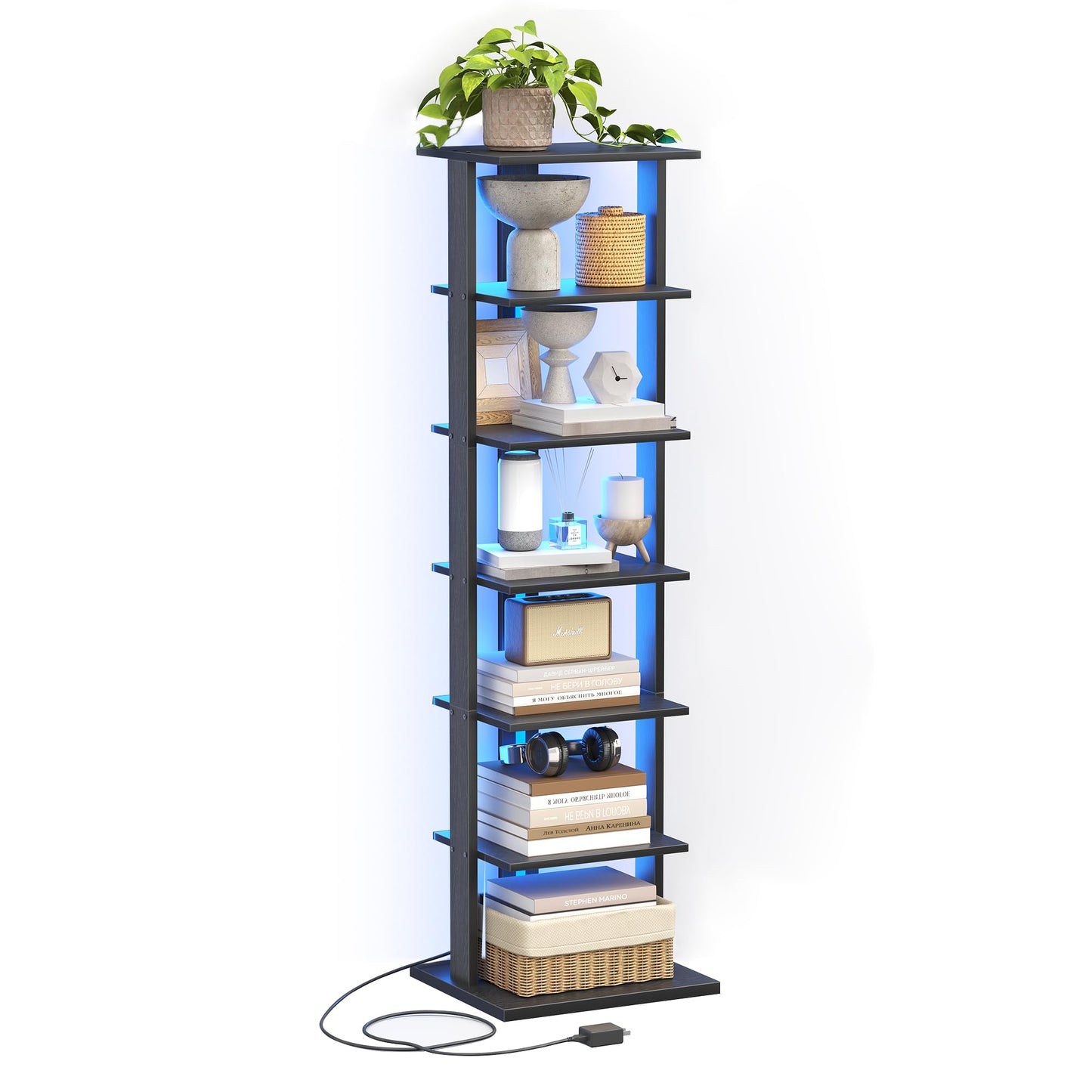 GLANZALANT 7-Tier Bookshelf, Narrow Bookcase with LED Lights, 47.2 Inch Book Shelf for Small Space, Display Storage Shelf for Living Room, Bedroom, Home Office, Study, Black