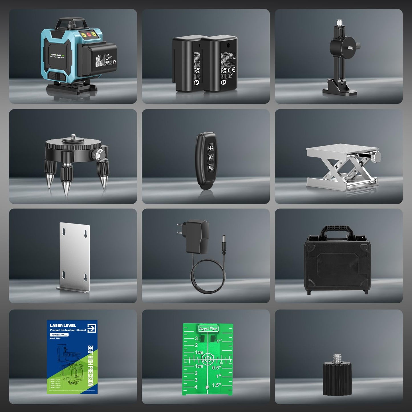 16 Line Laser Level 360 Self Leveling, 4x360°Professional 4D Cross Line Green Laser Level with 2 Batteries, Adjustable Brightness & Remote Control, for Tiling Floor Construction and Picture Hanging