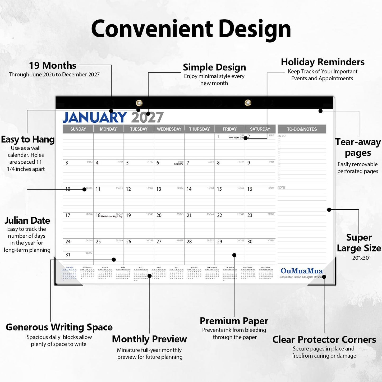 OuMuaMua Extra Large Desk Calendar 2026-2027, 20"x 30" Jumbo Desktop Wall Calendar from Jun. 2026 through Dec. 2027, 19-Month Paper Hanging Planner with Julian Date To-do & Notes, Corner Protectors for School Home Office