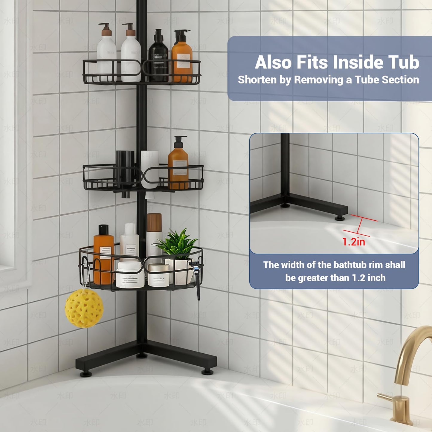 Marovitax Standing Shower Caddy Corner, 4-Tier Adjustable Height Bathroom Organizer, 6-Section Pole, Sturdy Floor Standing Shelf for Shower or Bathtub – No Drilling, No Spring Tension
