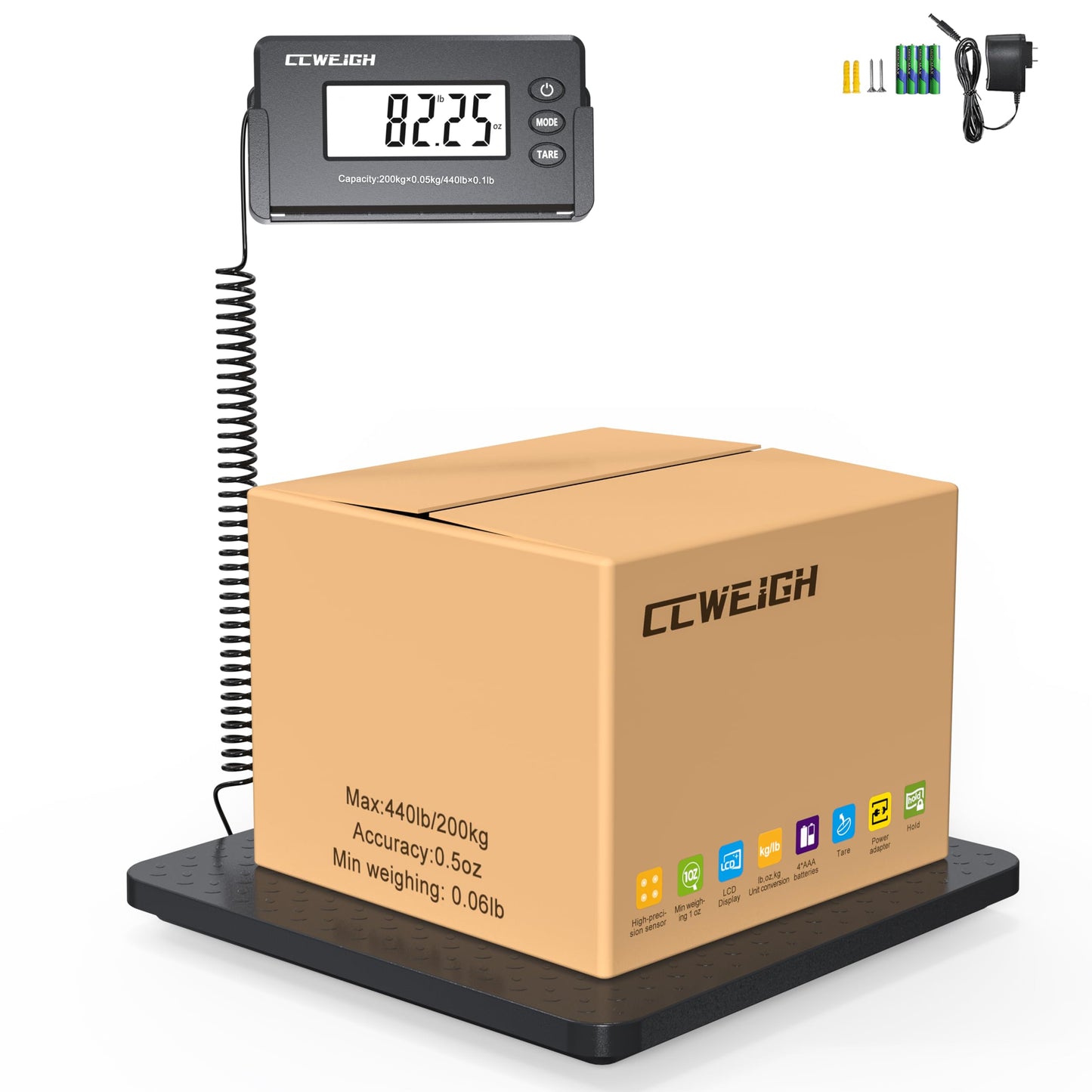 CCWEIGH Shipping Scales 440lbs x1oz Highly Accurate Postal Scales Ultrathin ABS Large Platform,Superlight Postal Scales for Shipping Packages,Small Business,Luggage Scale Battery and Adapter