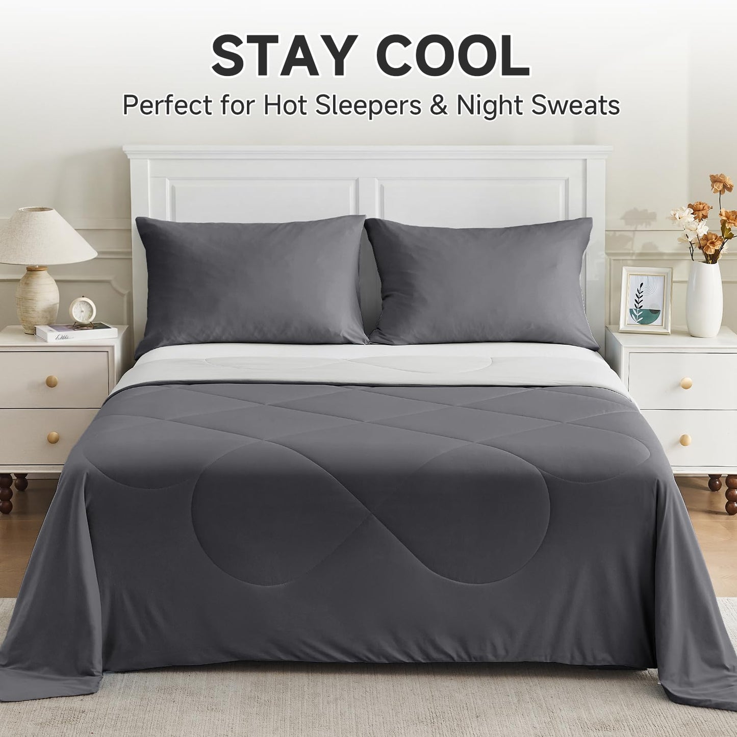 HOMFINE Cooling Comforter Japanese Double-Sided Cold Tech Fabric Cooling Blanket for Night Sweats Hot Sleepers, Q-Max 0.45 Soft Breathable Silky Smooth Lightweight Grey Summer Comforter Queen