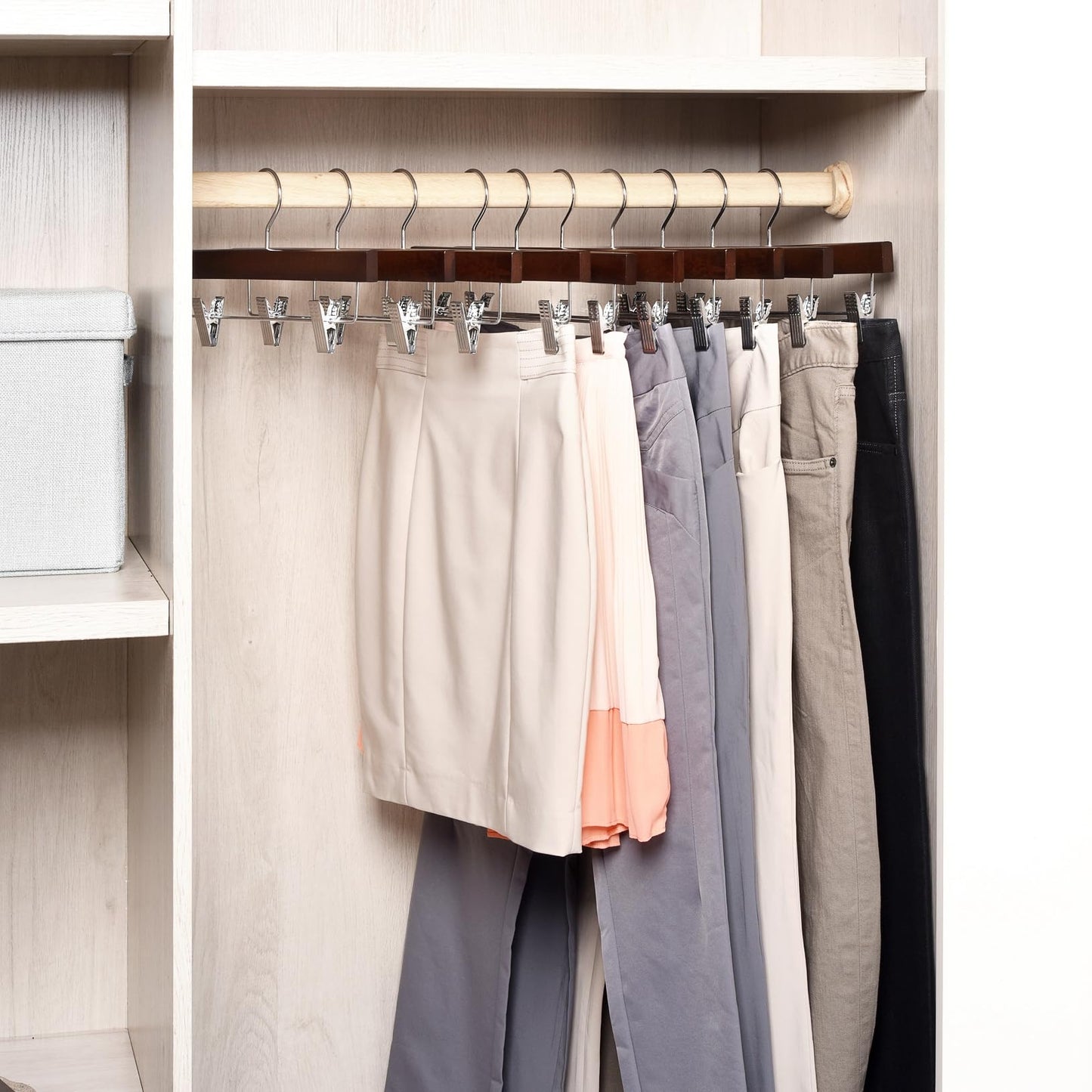 Amber Home 24 Pack Walnut Wooden Pants Hangers with Clips, 14" Wood Skirt & Trousers Hangers, Closet Hangers for Jeans, Slacks, Shorts, with 2-Adjustable Clips (Vintage, 24)
