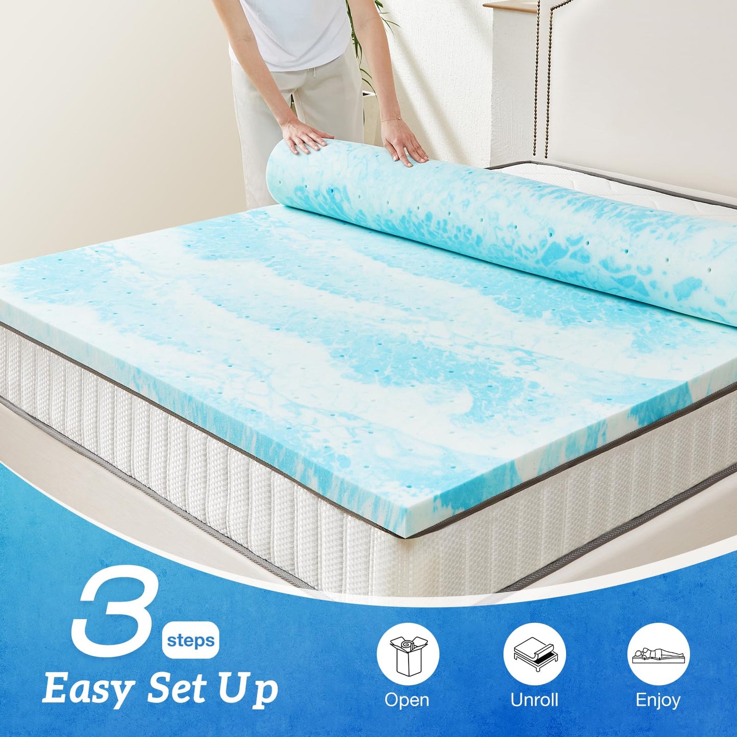 Sweetcrispy Mattress Topper Twin XL, 3 Inch Thick Memory Foam Gel Infused Cooling Toppers Pad for Twin XL Size Bed, Sleeper Sofa, RV, Camper, CertiPUR US Certified, Ventilated and Breathable