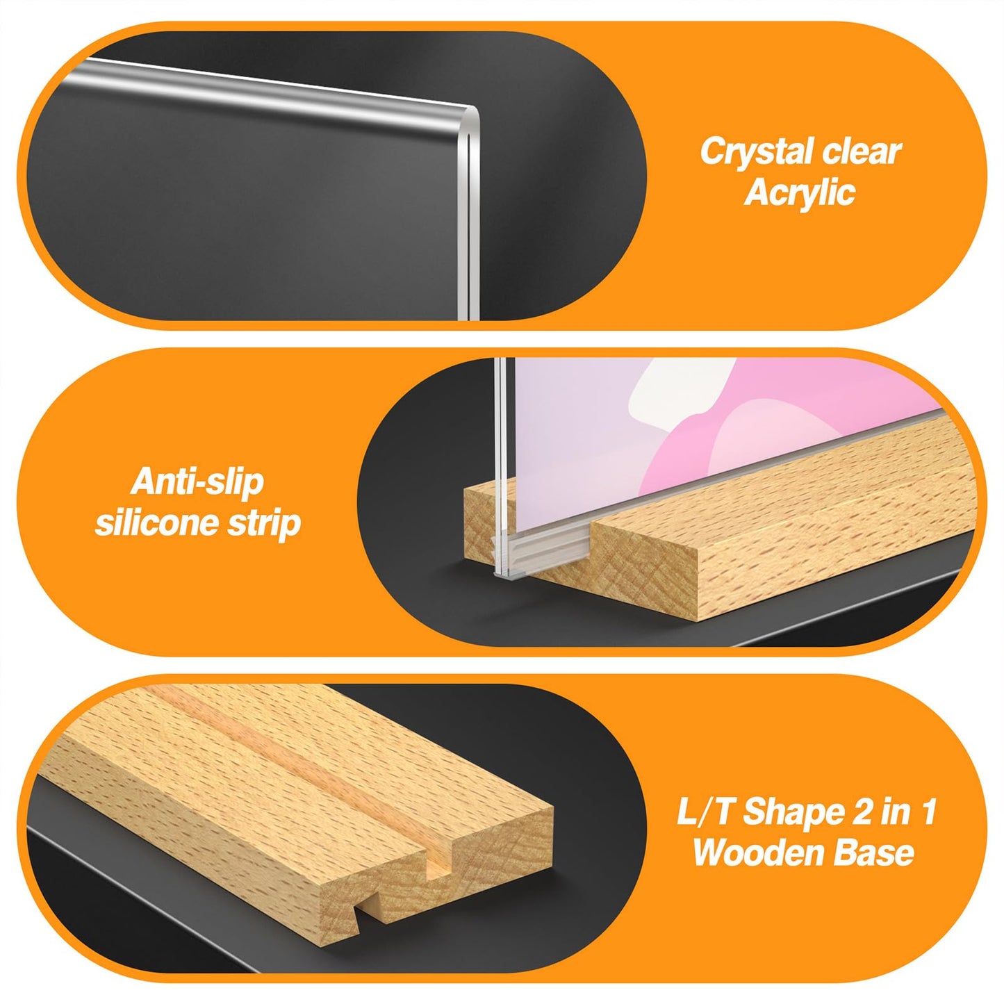 SVOPY 8.5 x 11 Acrylic Sign Holder with Wood Base - Tabletop Display Menu Stand - Clear Plastic L/T Shape Vertical or Slant Back Paper Holders - 6 pack