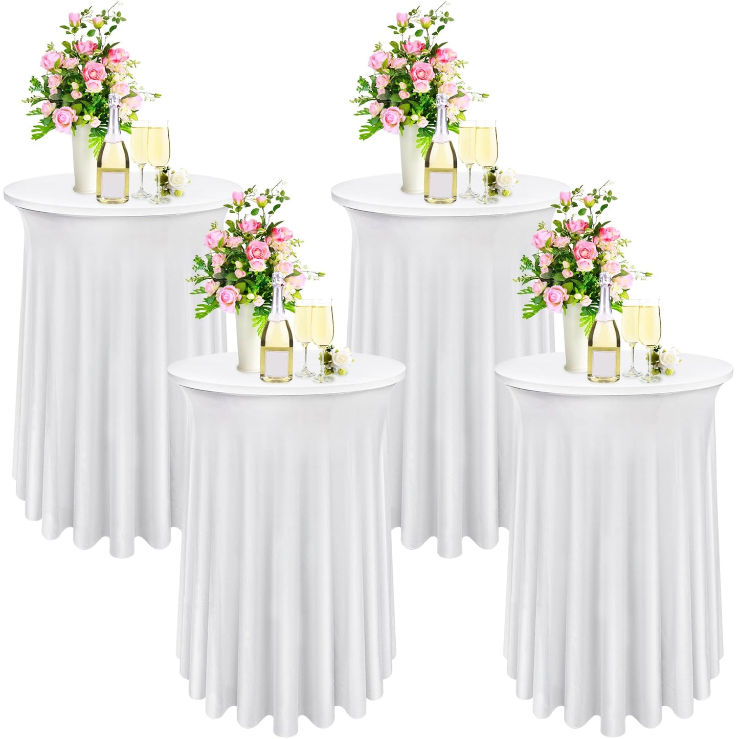 Bekith 4 Pack Round Spandex Stretch Cocktail Tablecloths with Natural Wavy, 32 x 43 Inch Cocktail Table Covers Round Table Skirt Fitted High Top Table Bar for Party Wedding Birthday Banquet (White)