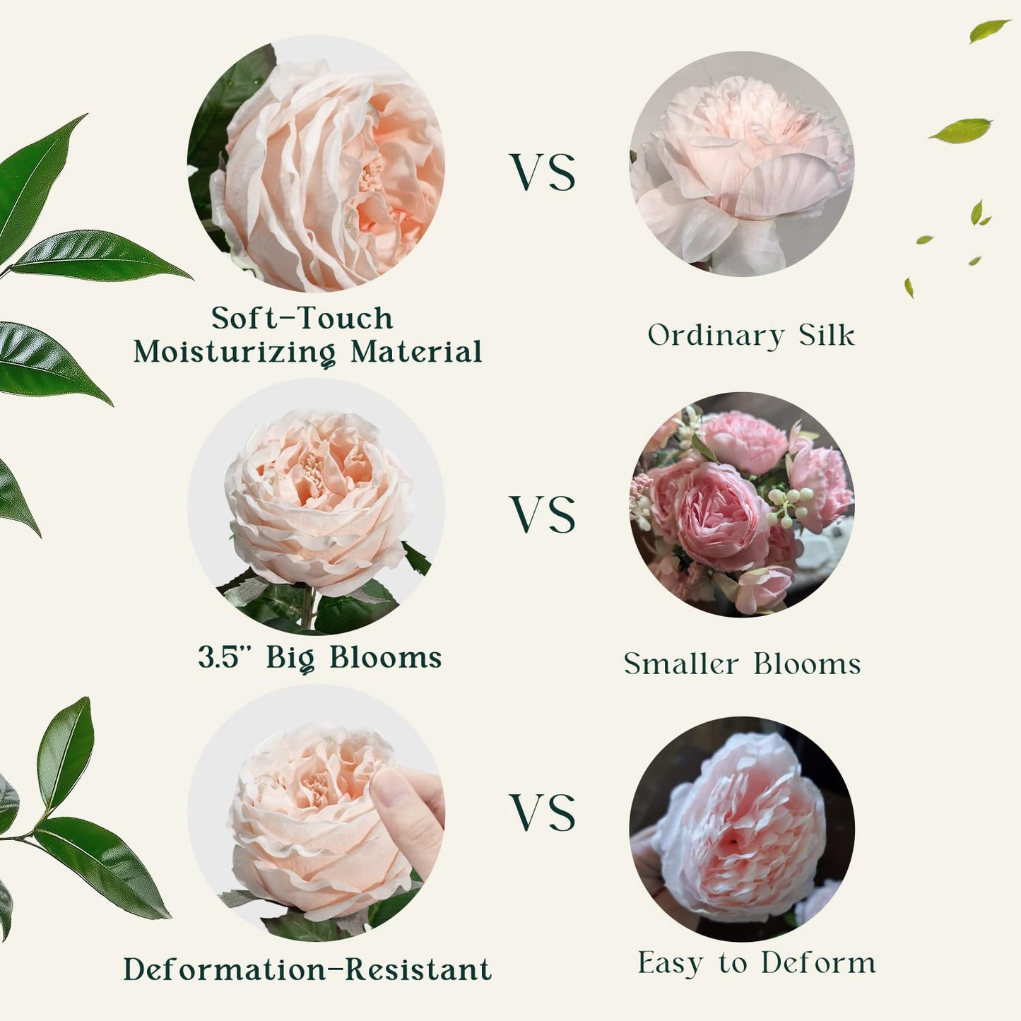 YILIUFA 4 Pcs Real Touch Peonies Artificial Flowers, 3.5'' Big Bloom Austin Rose Peony Latex Fake Flower with Stems for Wedding Bouquet Party Valentines Arrangement Home Kitchen (Champagne)