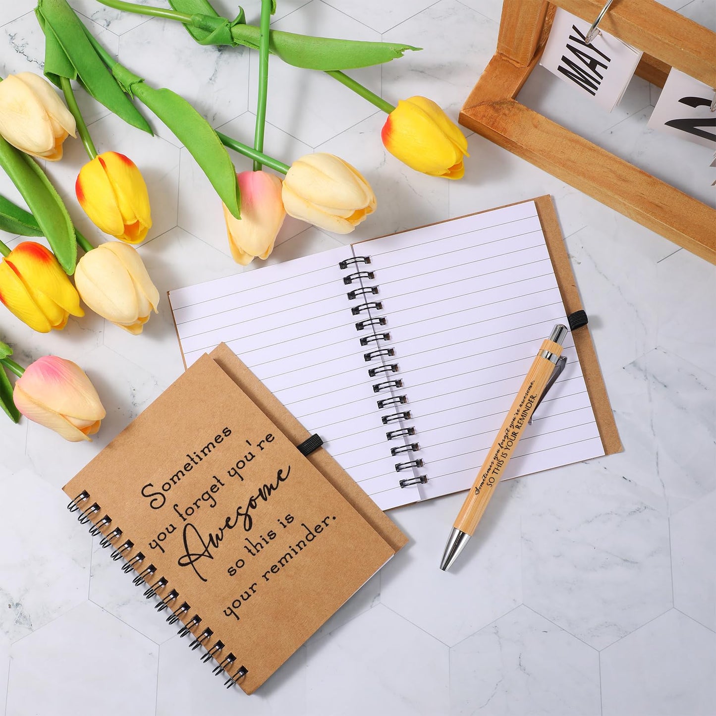 Honoson 50 Sets Spiral Notebooks Sets Teacher Thank You Gifts Inspirational Journals with Retractable Bamboo Pens Bulk Encouragement Notepad for Nurse Employee, Awesome Sign