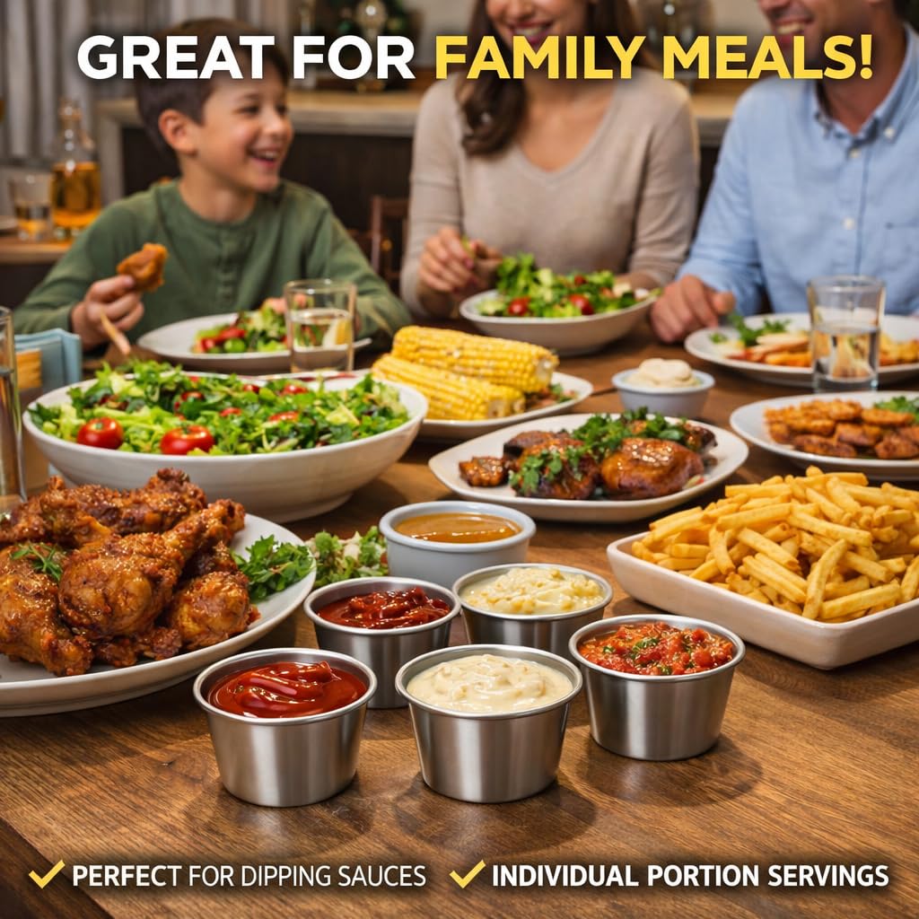 100Pcs Stainless Steel Dipping Sauce Cups, 2.5oz Metal ramekins,Reusable Metal Sauce Cups Stainless Steel Condiment Cups Small Dipping Bowls Round Individual Portion Cups for Home, Restaurant (100)