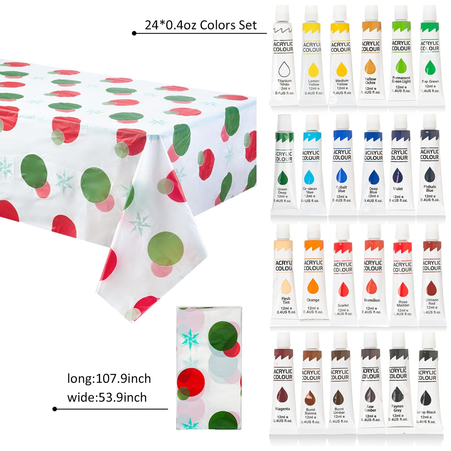 121 Pcs Art Painting Kit Supplies Set for Kids to Party - 60 Paint Brushes, 24 Acrylic Paints, 6 Wood Easels & Canvas Panels & Palettes & Aprons & Wash Pen Cup, 1 Plastic Tablecloth