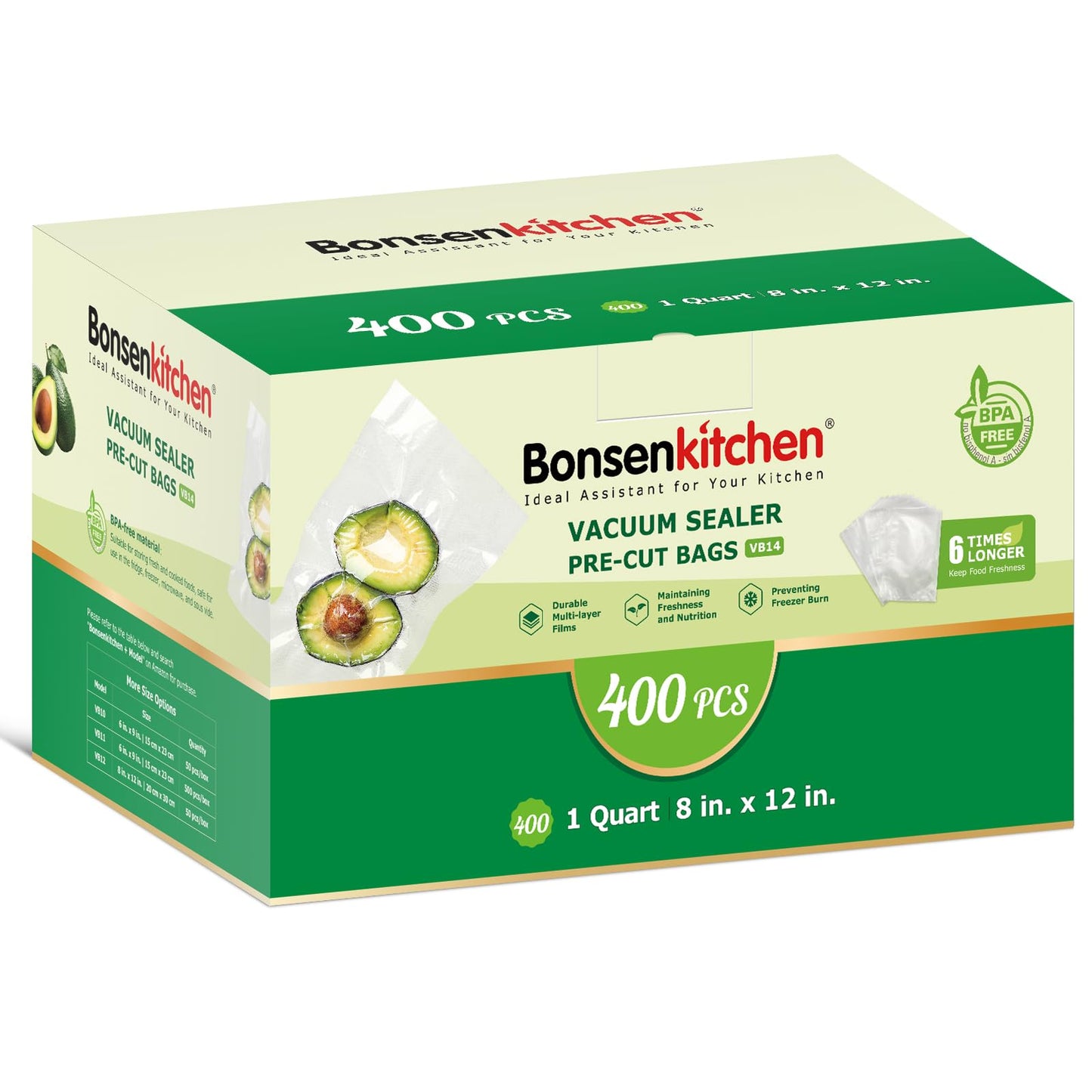 Bonsenkitchen Vacuum Sealer Bags,400 Quart 8" x 12" Precut Food Sealer Bags, Commercial Grade, BPA Free, Heavy Duty, Customized Size Vacuum Bags for Vac Storage, Meal Prep or Sous Vide Cooking, VB14