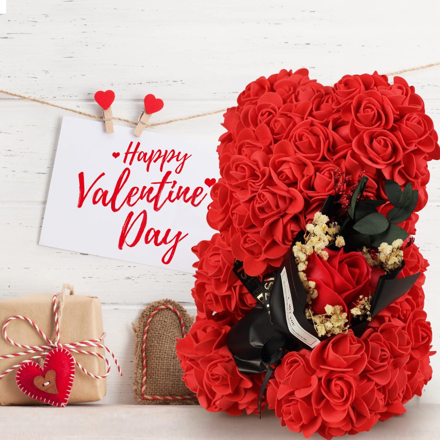 Rose Bear Gifts for women, Rose Bear Artificial Rose with I Love You Necklace Teddy Bear, Romantic Flower Bouquet Gift for Wife, Mom, Grandma, Perfect for Birthday, Mothers Day & Anniversaries