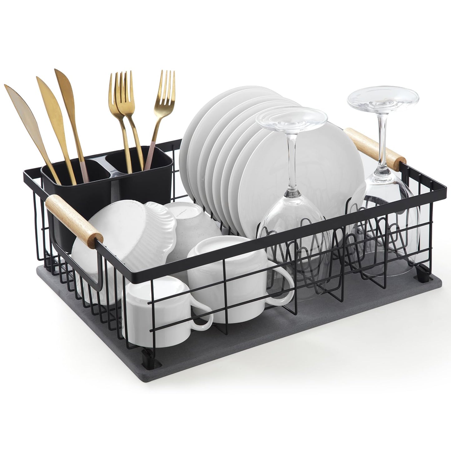 Lalaunicky Dish Drying Rack with Stone Dish Drying Mat for Kitchen Counter, Dish Drainer with Diatomaceous Earth Quick Dry Mat, Organization and Storage Essentials with Cup & Cutlery Holders