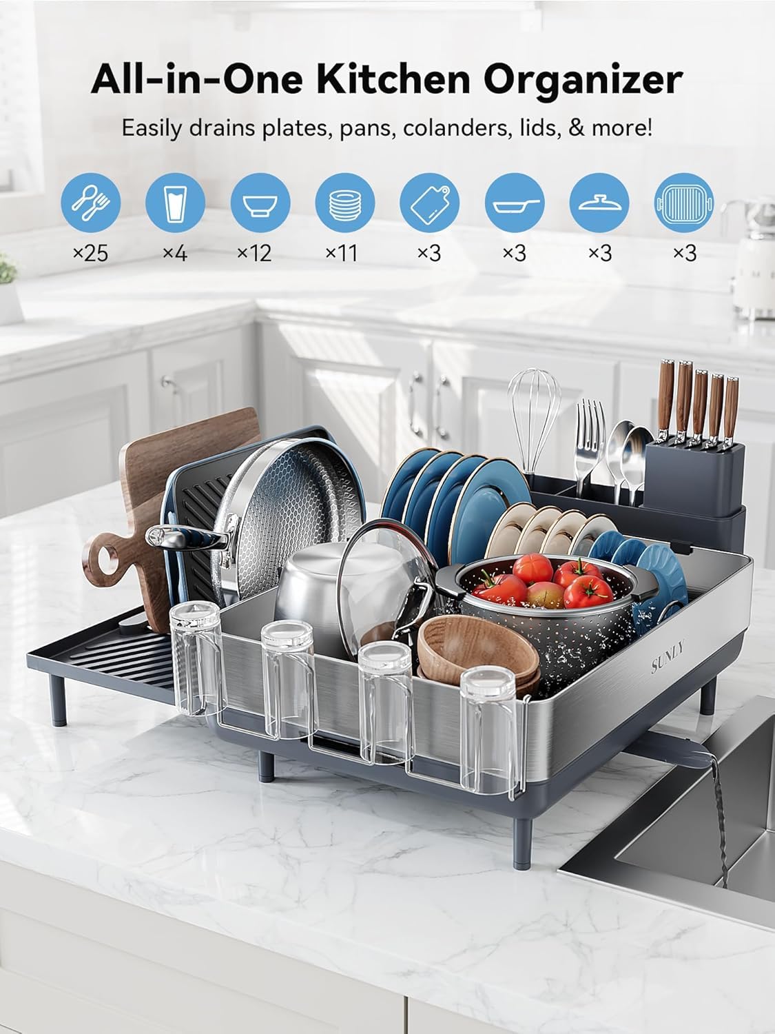 SUNLY Large Dish Drying Rack, Expandable Dish Racks for Kitchen Counter, Space Saving 304 Stainless Steel Drying Rack Kitchen, Extra Large Drainer with Multifunctional Flip Up Pegs, Gray