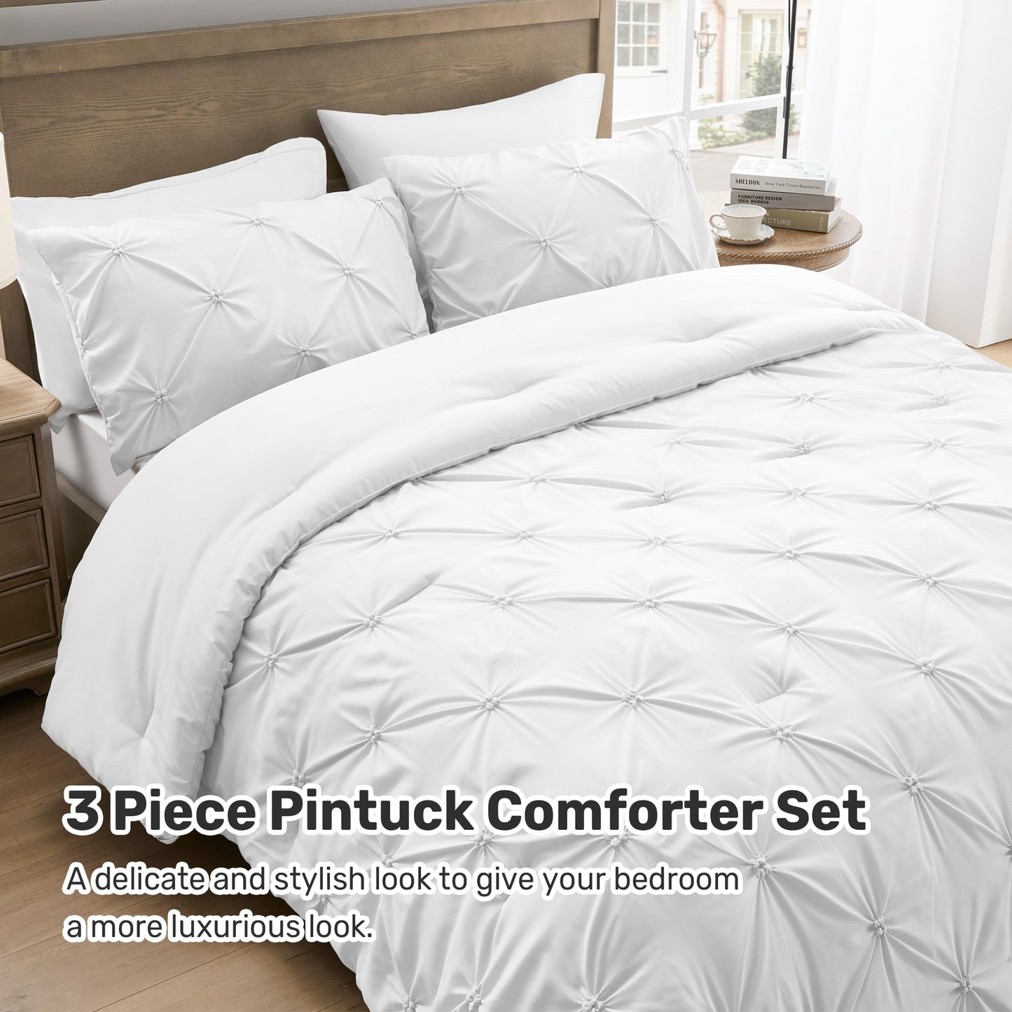 UNIKOME Queen Comforter Set White - Ultra Soft Boho Pintuck Down Alternative Bedding Set for All Seasons, 3 Pieces Lightweight Warm Pinch Pleat Bed Set with Comforter, 2 Pillowcases