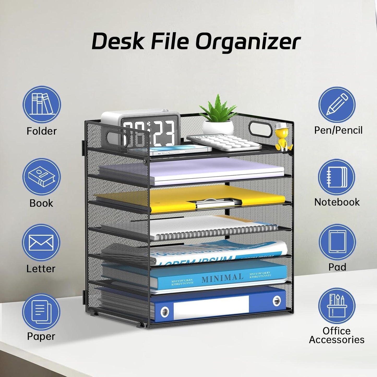 ReePlan 2 Pack 7 Tier Paper Organizer - Mesh Desktop File Holder with Handles for Office School Desk, Black