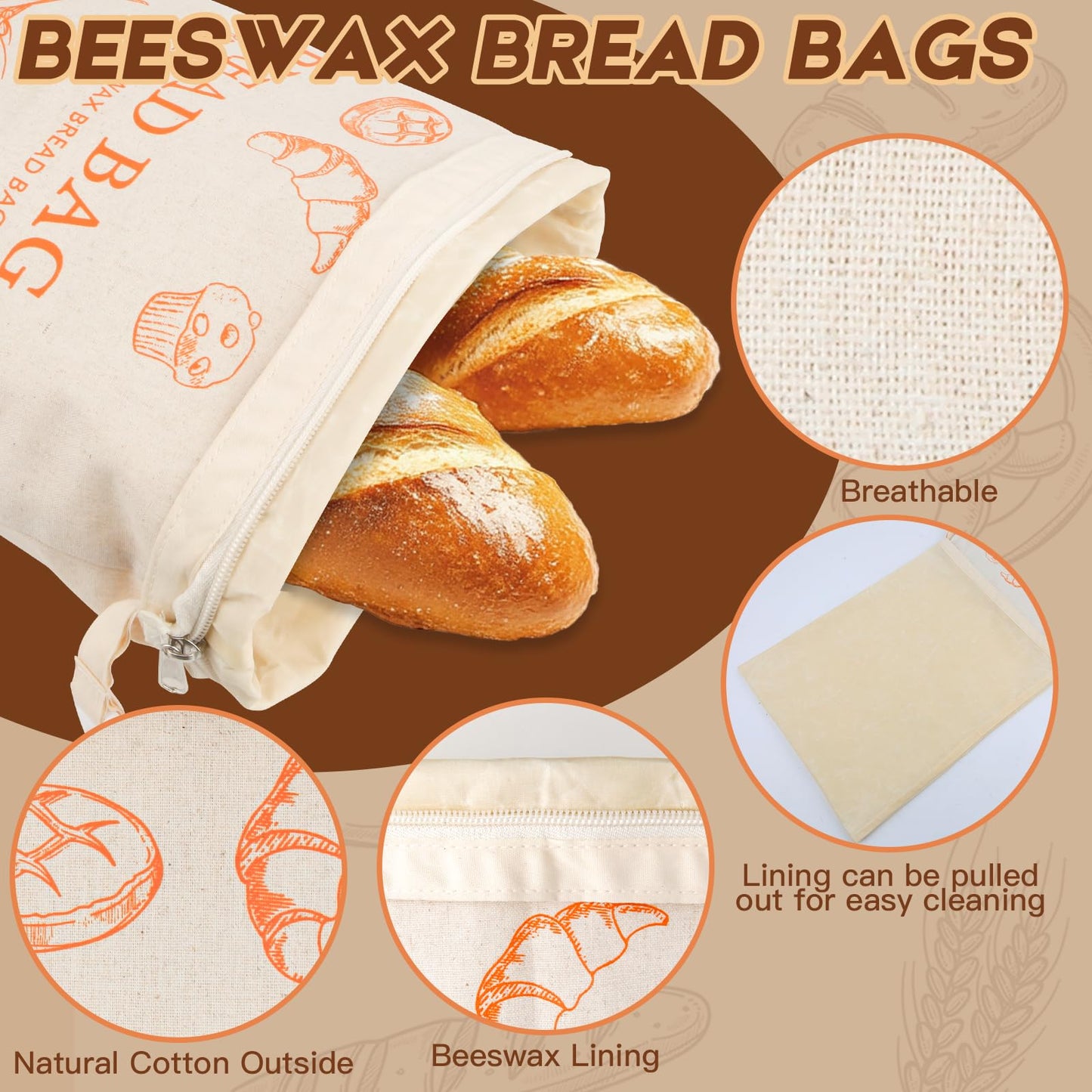 HOYEEFOU 2-Pack Reusable Beeswax Bread Bags for Homemade Bread & Sourdough,Eco-Friendly Bread Storage with Zipper Seal, Freshness Keeping & Freezer Safe, 17"x13" Linen Bags, Bakery Essentials