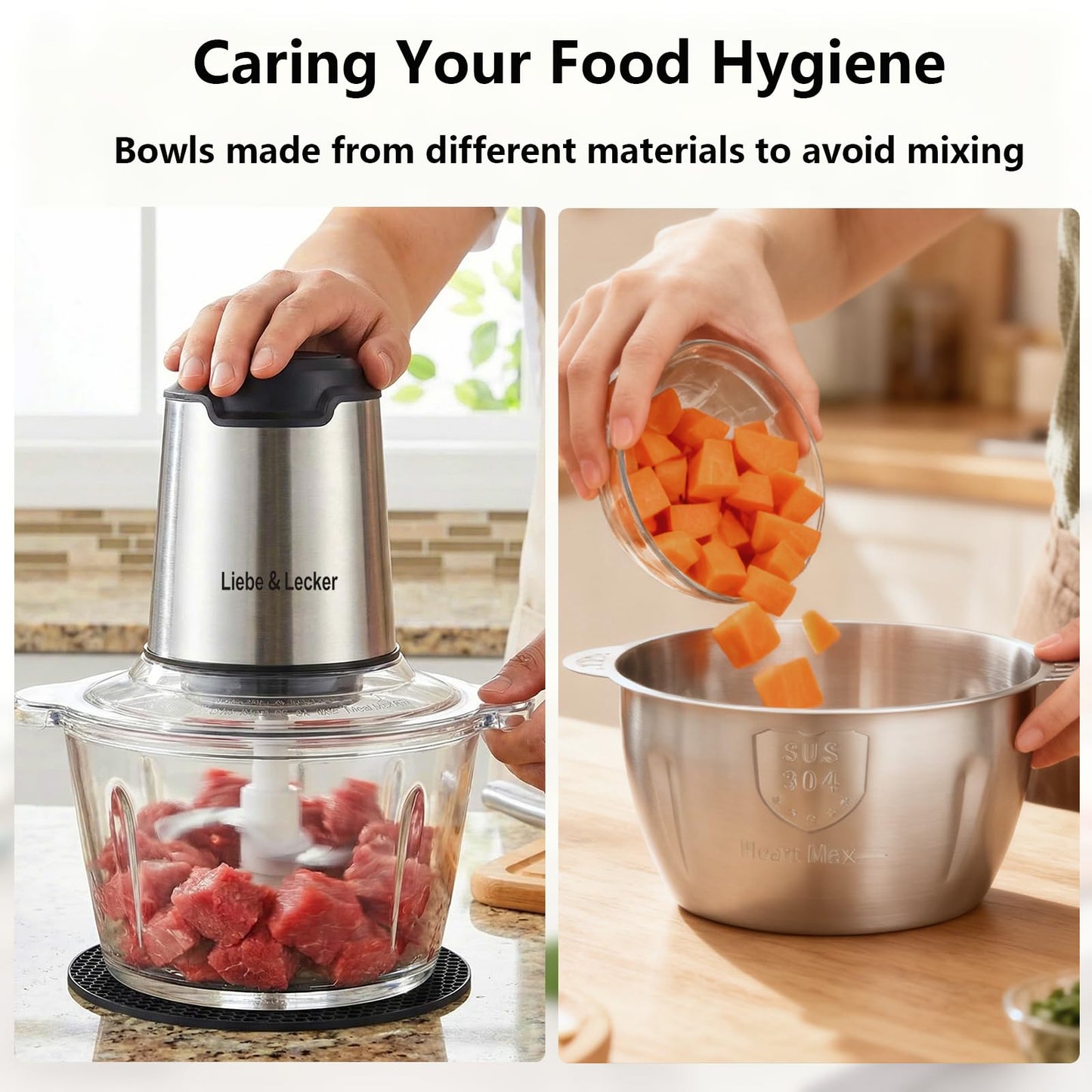 Liebe&Lecker Food Processor, Meat Grinder with 2 Bowls 8 Cup and 8 Cup, Food Chopper Electric Vegetable Chopper with 4 Large Sharp Blades for Fruits, Meat, Vegetables, Baby Food, Nuts, 2 Speed.