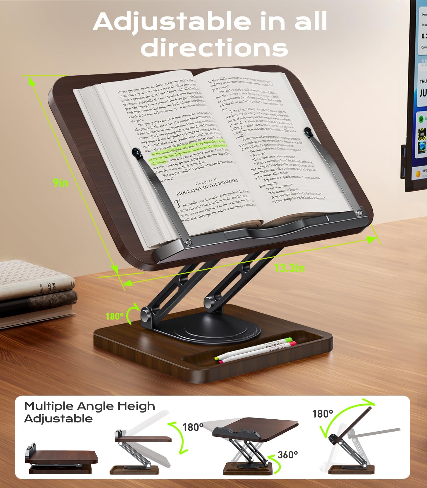 Book Stand for Reading, Adjustable Book Holder, 360° Rotating Bases with Pen Slot, Ergonomic Cookbook Stand Recipe Book Holder with Elastic Page Clips for Magazines, Tablets, Laptops