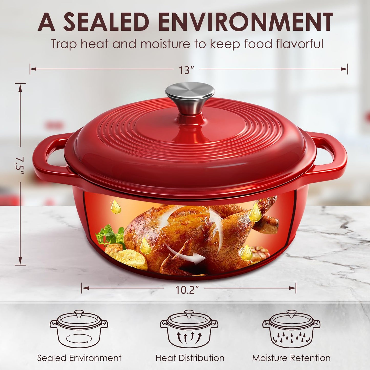 Enameled Cast Iron Dutch Oven Pot With Lid - AIVIKI 5QT Dutch Oven for Bread Baking With Cotton Potholders - Heavy-Duty Cookware for Braising, Stew, Roasting, Oven Safe up to 500°F, Red