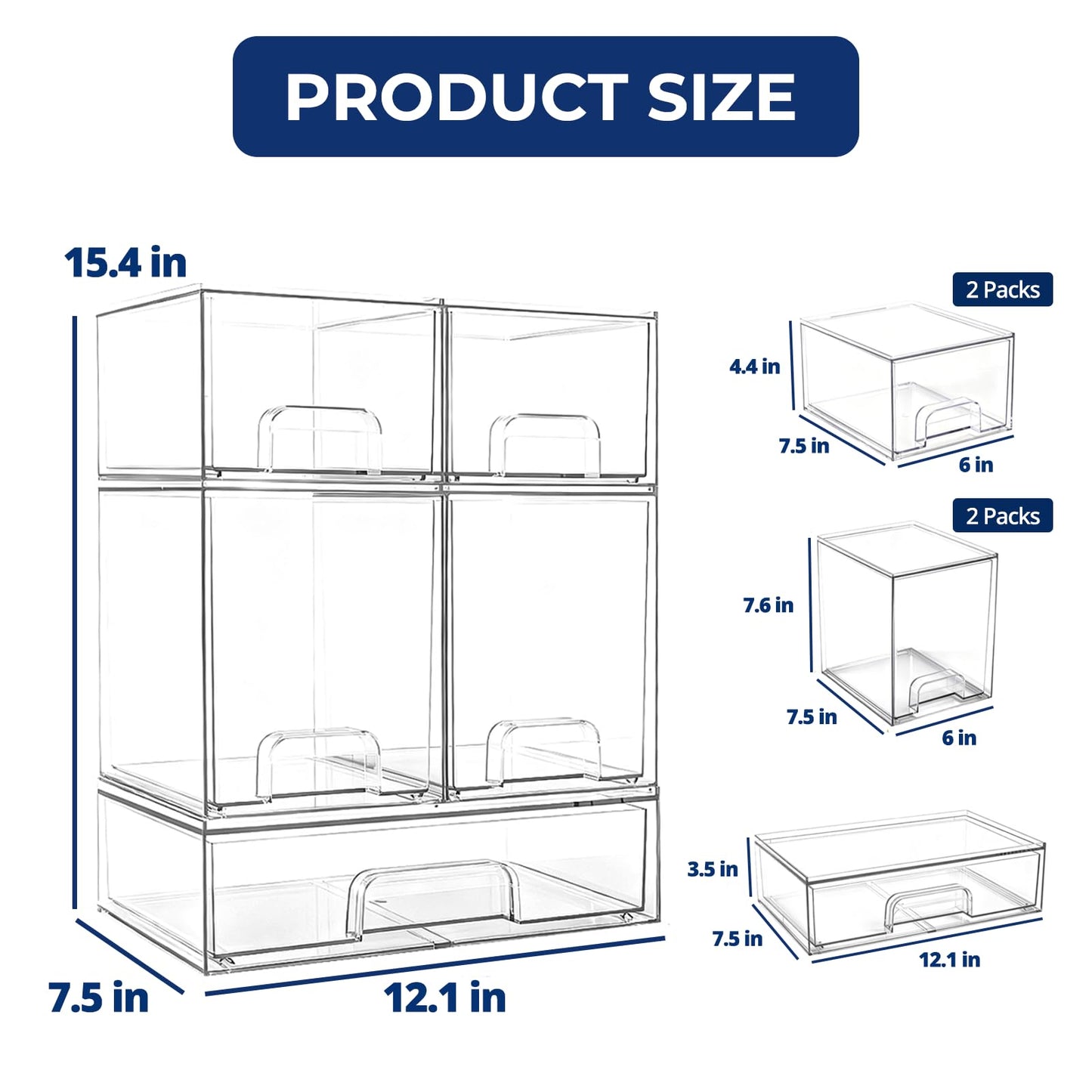 Baby Bottle Organizer Stackable, Acrylic Storage Drawers 5 pack with Non-Slip Pads, Pull-Out Drawers for Baby Bottle, Pump Parts, Pantry, Vanity Countertop (4.4" and 7.6" Tall and 12.1" Wide)