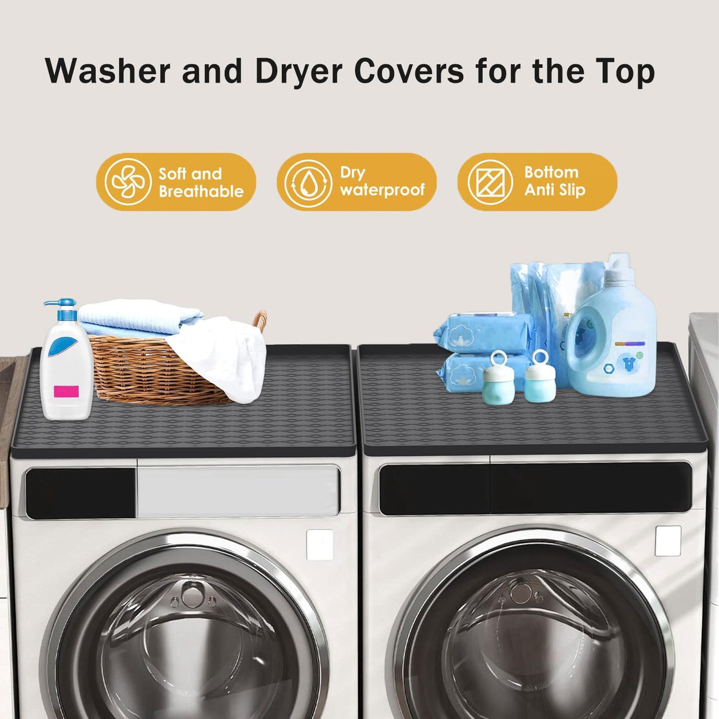 SCYFREID Washer and Dryer Top Protector Mat, 2 PCS, 25.6“ x 23.6" Silicone dust pad, Non-slip,Heat-Resistant, Leak-Proof Top Protector for Laundry Room Essentials,(Gray,2 PCS)