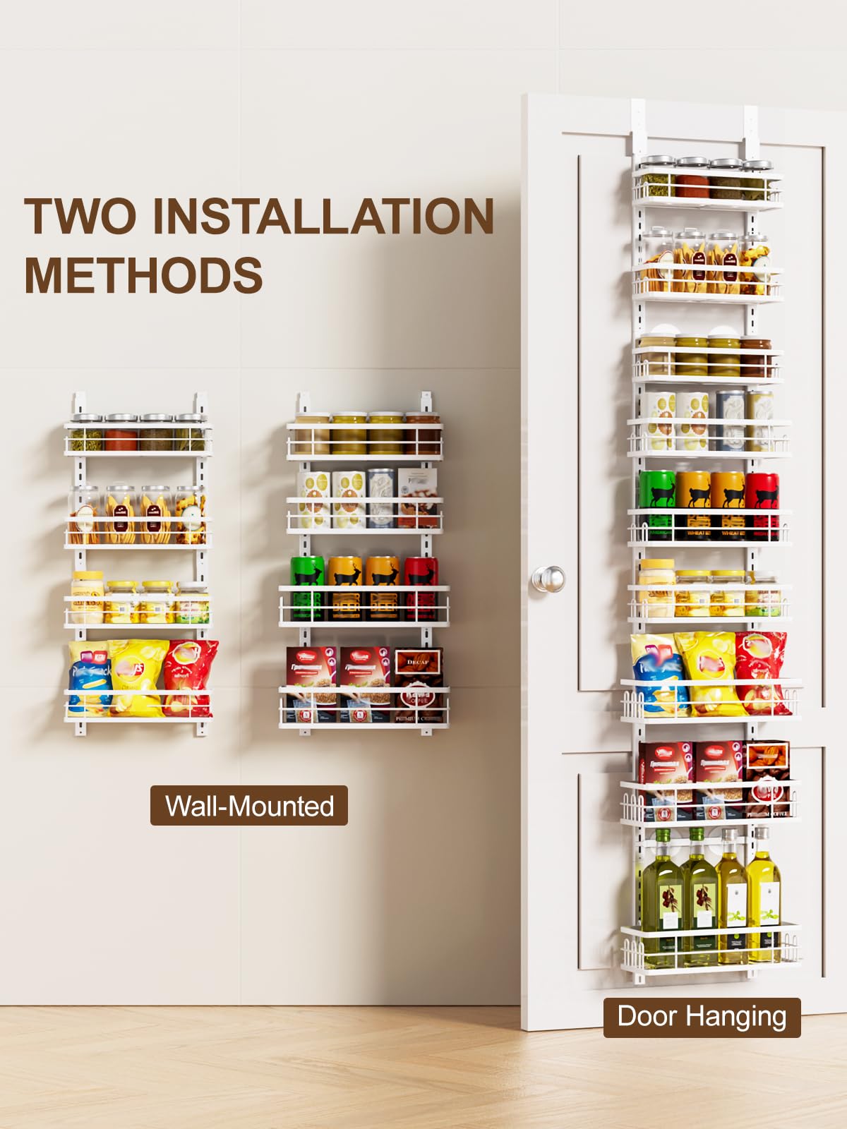 Delamu 9-Tier Over the Door Pantry Organizer, Adjustable Pantry Door Organizers and Storage, Metal Hanging Basket Wall Spice Rack Seasoning Organizer, Door Organizer Kitchen Bedroom Bathroom,12"White
