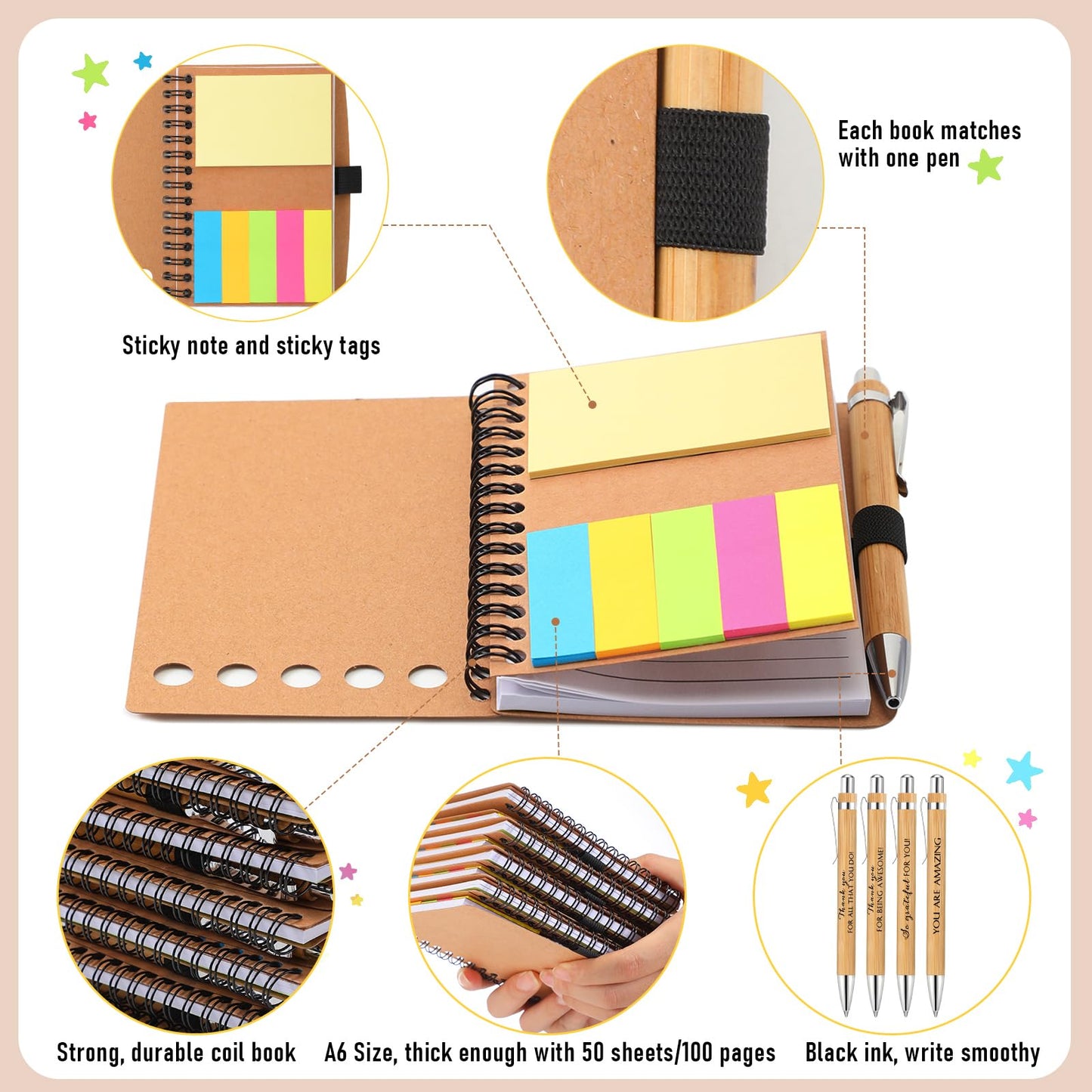 Honoson 30 Set End of Year Teacher Appreciation Gifts Bulk Inspirational Notebook with Sticky Note and Bamboo Pen Set Coworker Thank You Gifts for Employee Team Staff Office Group (Kraft)
