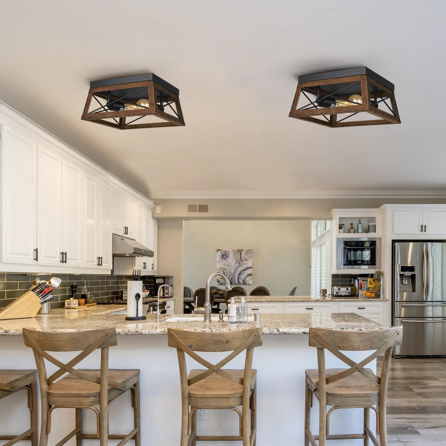 DEWENWILS Farmhouse Flush Mount Ceiling Light with Wood Grain Finish, 2-Light Metal Light Fixture for Kitchen Hallway Entryway Porch