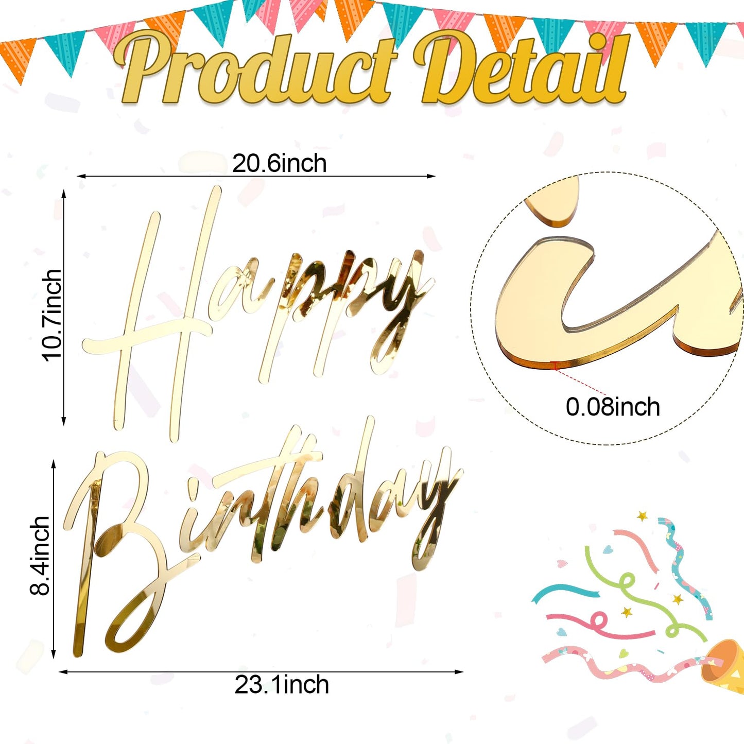 Yousoontic Happy Birthday Sign for Backdrop Large Happy Birthday Sticker Letter Acrylic Mirror Decal for Balloon Arch Wall Kpop Party, Peel Off Acrylic Film(23 x 20 Inches,Classic,Gold)