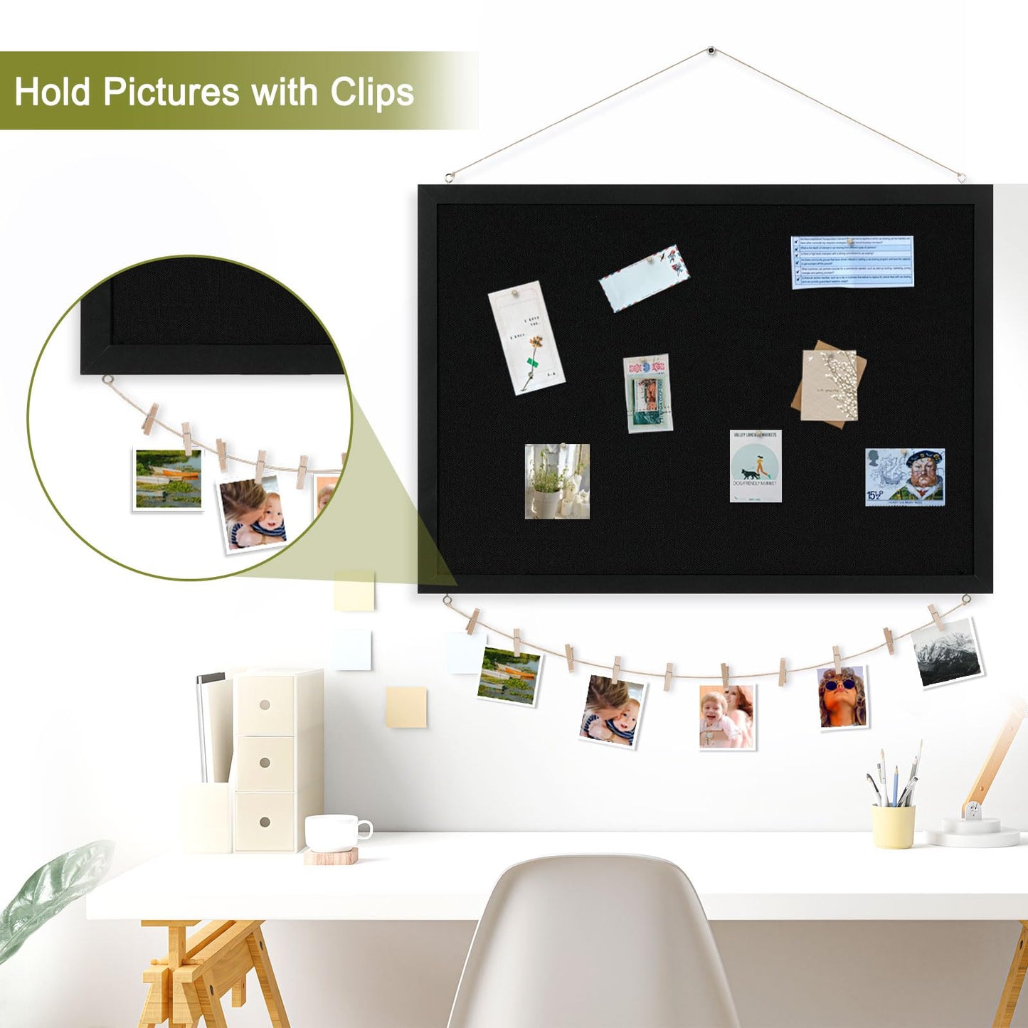 AMUSIGHT Double-Sided Black Cork Board with Linen, 24" x 18" Hanging Wood Framed Large Bulletin Board, Picture Display Vision Board Kit Corkboards for Wall Room School Office Decor, 20 Pushpins