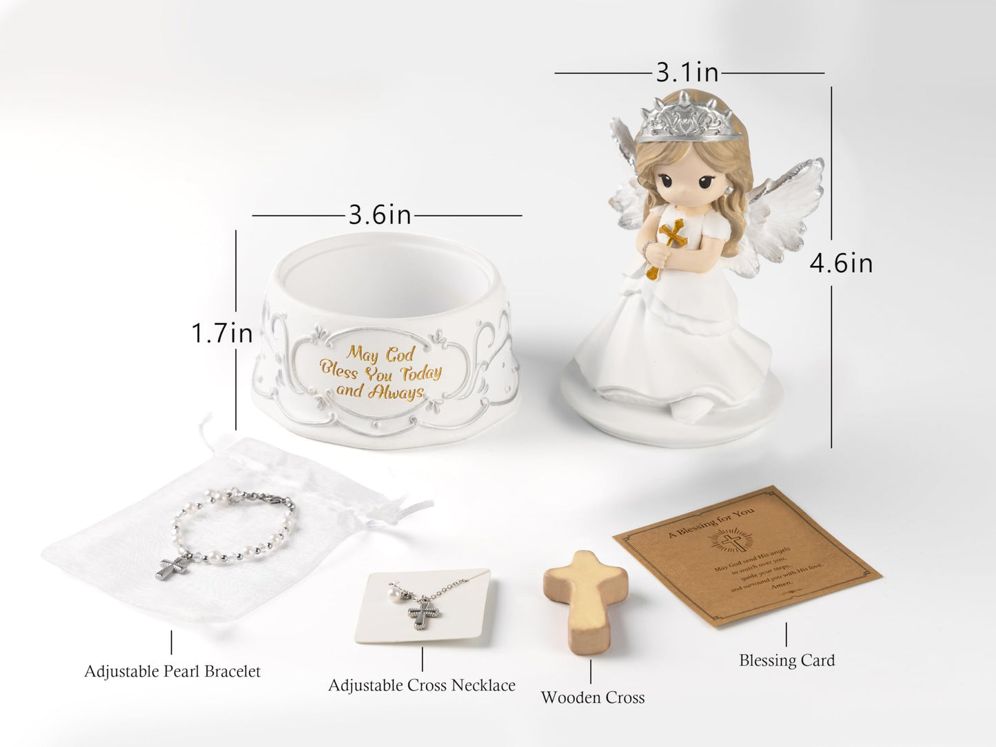 Gleemoria First Communion Gifts for Girls – Baptism & Confirmation Gifts for Teen Girls, Angel Figurine with Keepsake Box, Cross Necklace for Girls & Adjustable Bracelet & Wood Cross