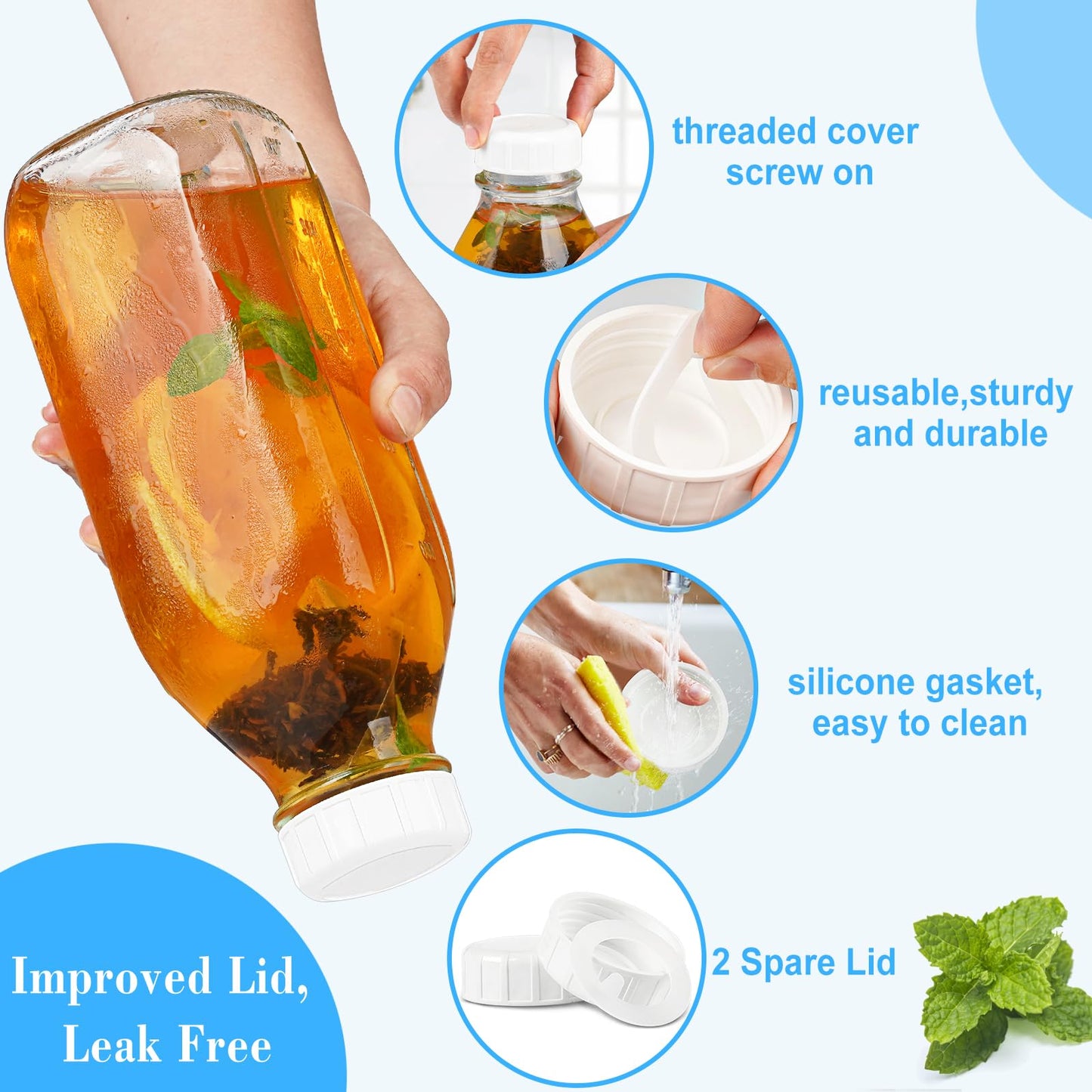 Liter Glass Milk Bottles w 100% Airtight Heavy Duty Screw Lid & 2 Dispenser- 6 Pack 32 Oz Drinking Jars - Food Grade Glass Bottles for Milk, Honey, Jam - Dishwasher Safe(Extra 2 Lids and Stickers)