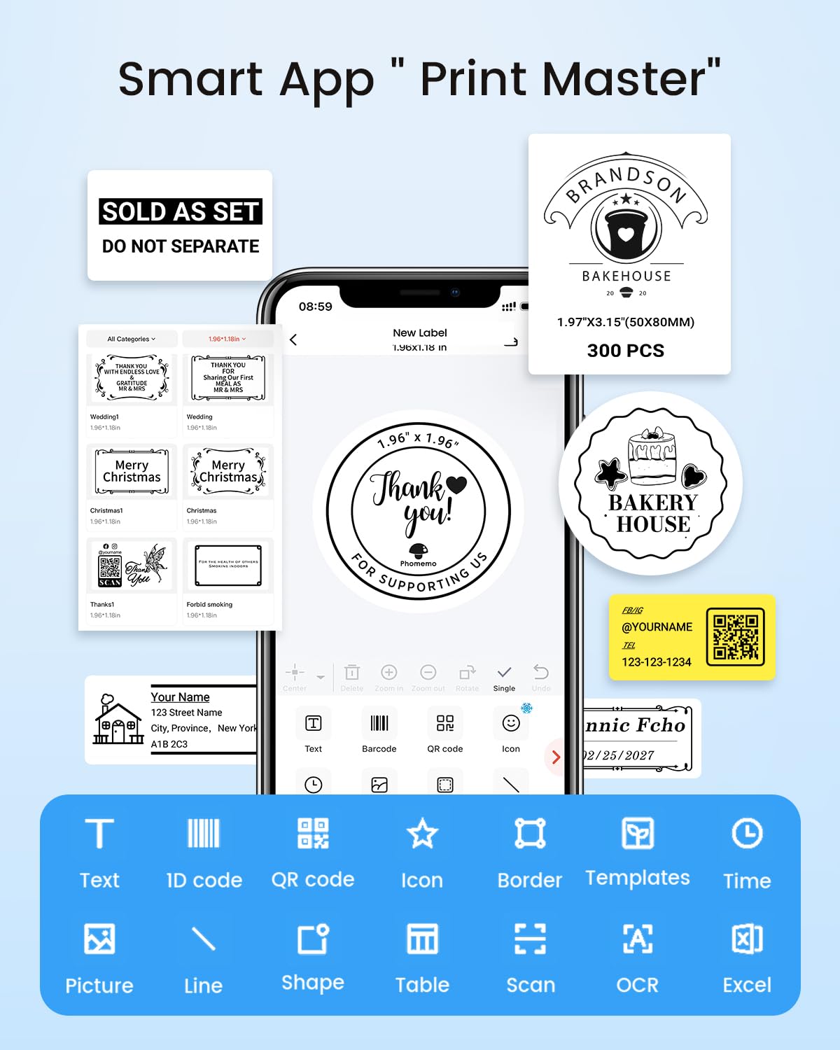 Phomemo Labels M110-840 Pcs 2 Inch (50x50mm) Thermal Labels for M110/M220/M250/M221/M260, Black on White, 140 Labels, for Small Business, Home, Office
