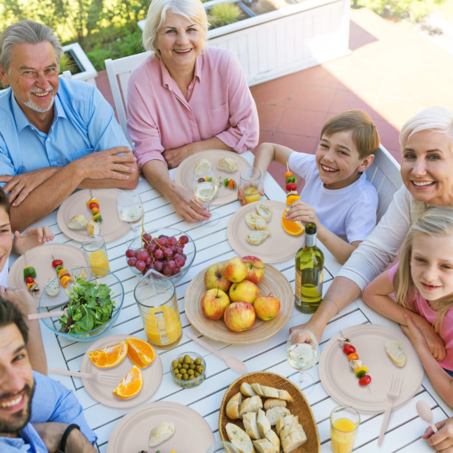 Unves 250 Piece Compostable Paper Plates Set with Extra Long Utensils, Sugarcane Fibers Disposable Dinnerware Set, Biodegradable Plates, Spoons, Forks and Knives for Party, Camping, Picnic