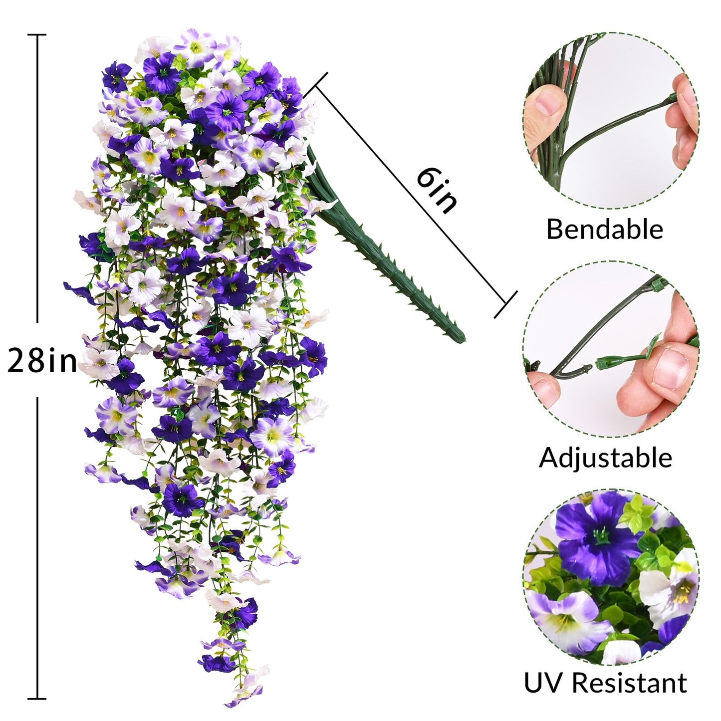 Waipfaru Artificial Petunias Flowers for Outdoors, 2 Pcs UV Resistant Fake Hanging Plants Spring Outside Decor, Faux Silk Flowers Long Trailing Vines for Outdoor Planters Porch Garden (Purple White)
