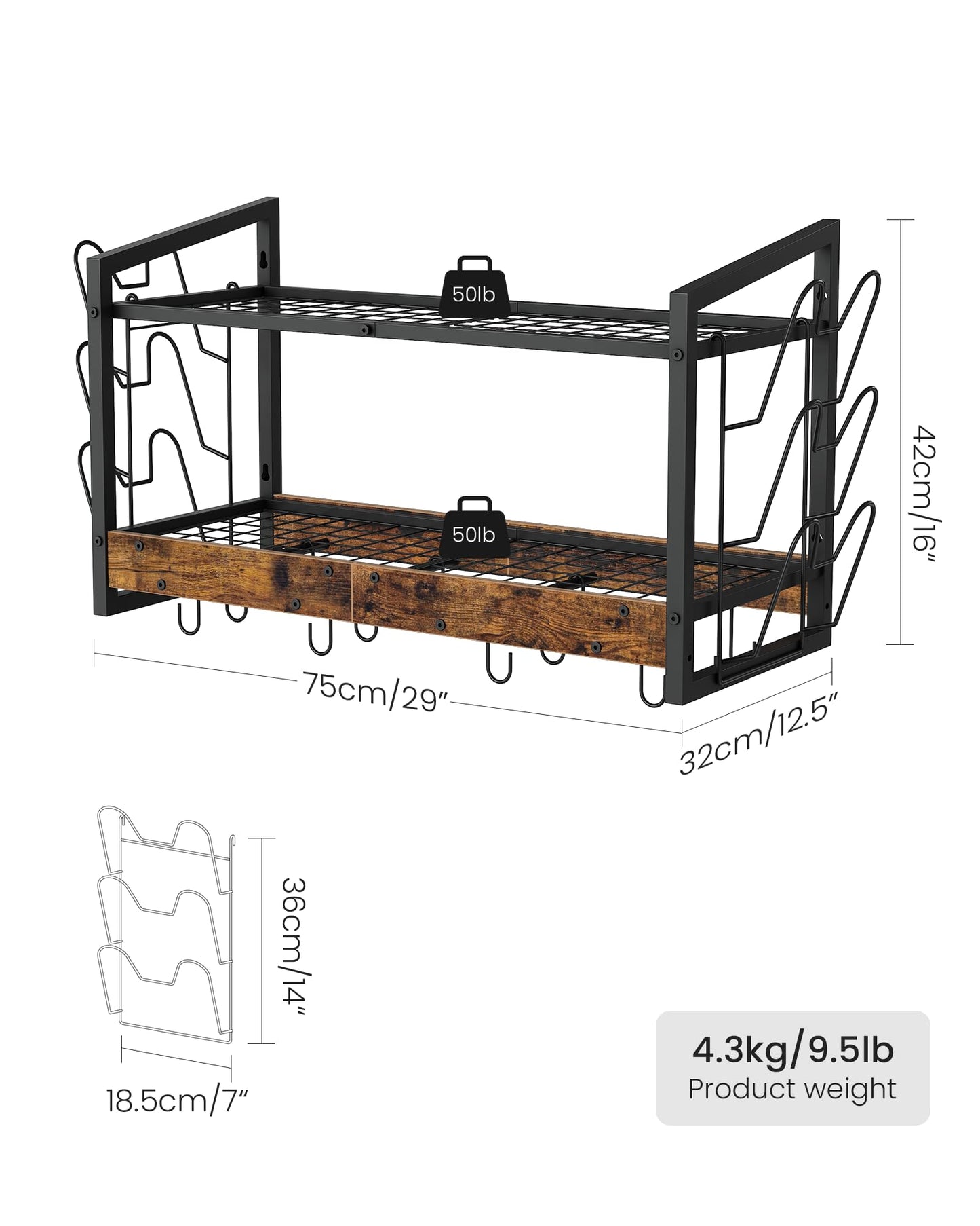CHOEZON Hanging Pot Rack, Pot Rack Wall Mounted, 2-Tier Kitchen Pot and Lid Organizer, Wall-Mounted Pot Rack with 12 Hooks, for Kitchen Storage of Pots, Pans, Utensils, Rustic Brown TPR02BF